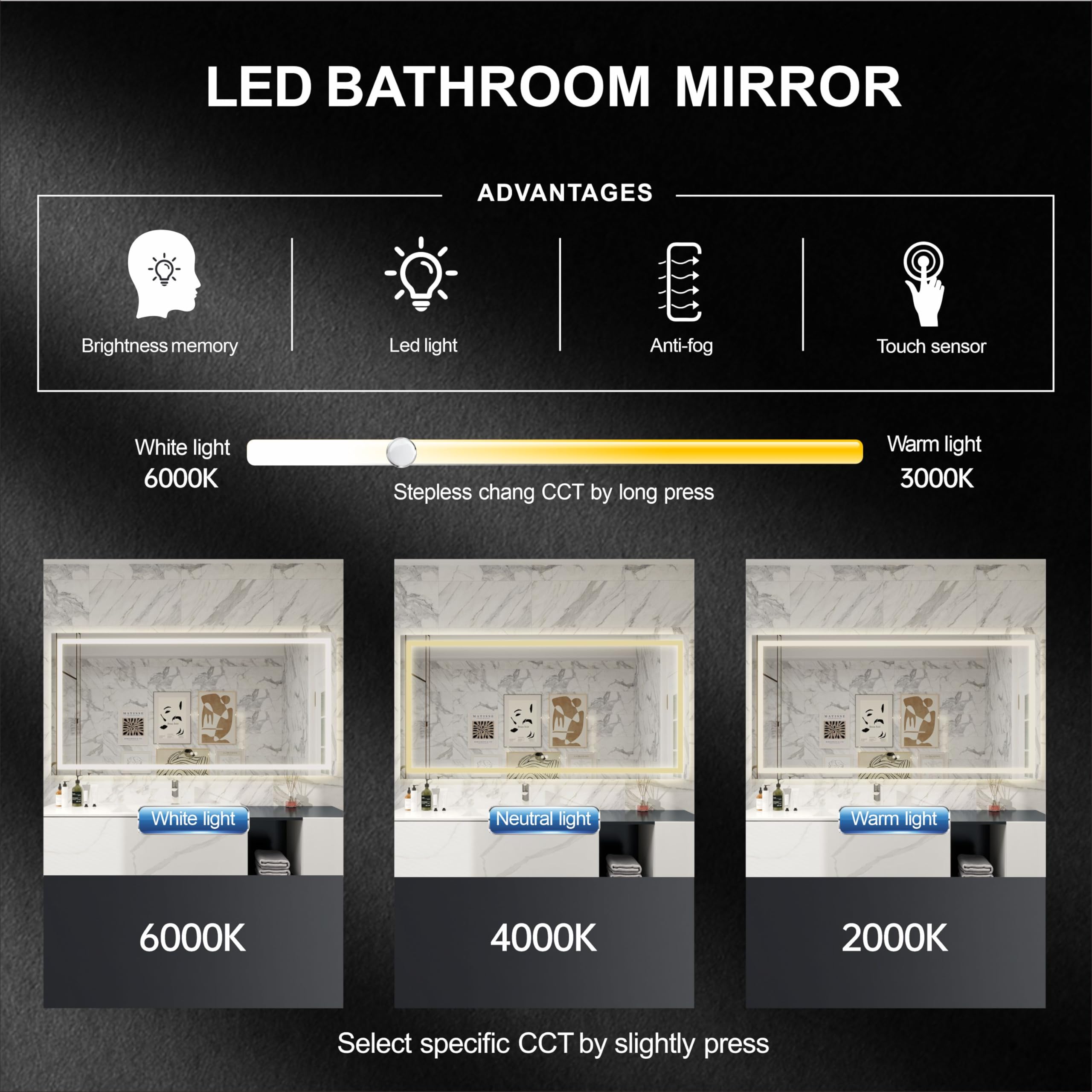 LED Backlit Bathroom Vanity Mirror with Dual Lighting, Anti-Fog, 3-Color Dimmable CRI90+, Memory Function, and Shatter-Proof Glass