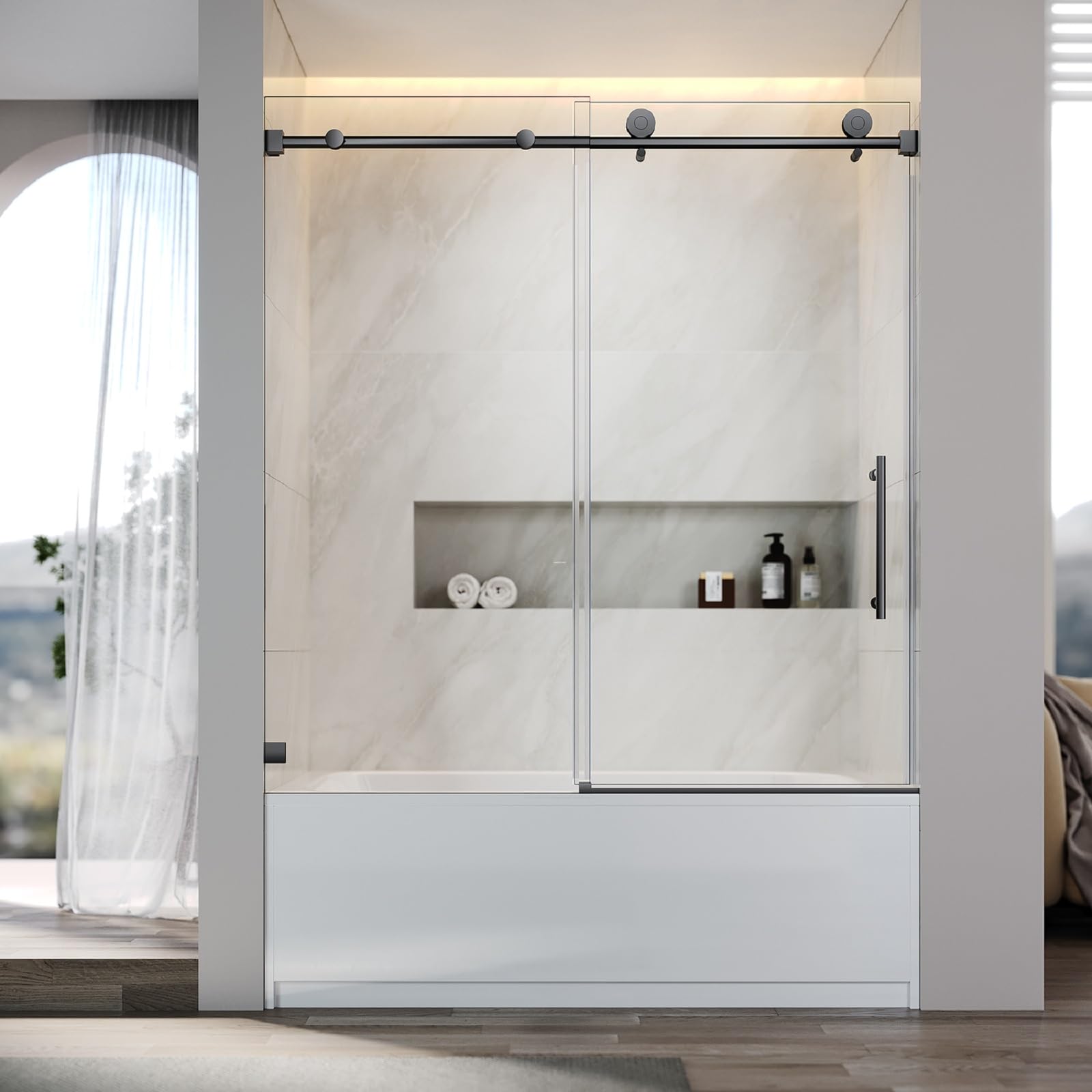 UNIKOO - Cabina de ducha corredera individual ajustable sin marco de acero inoxidable con (1) manija doble de 16”