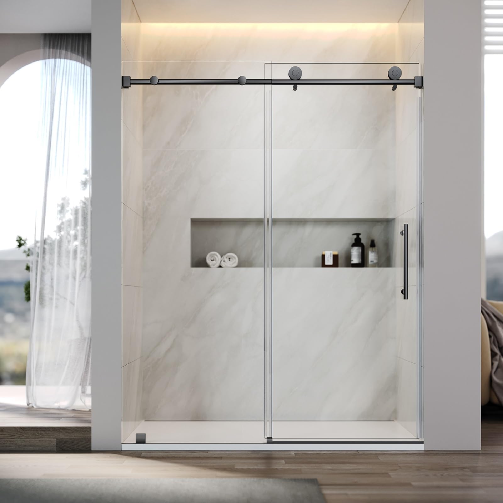 UNIKOO - Cabina de ducha corredera individual ajustable sin marco de acero inoxidable con (1) manija doble de 16”