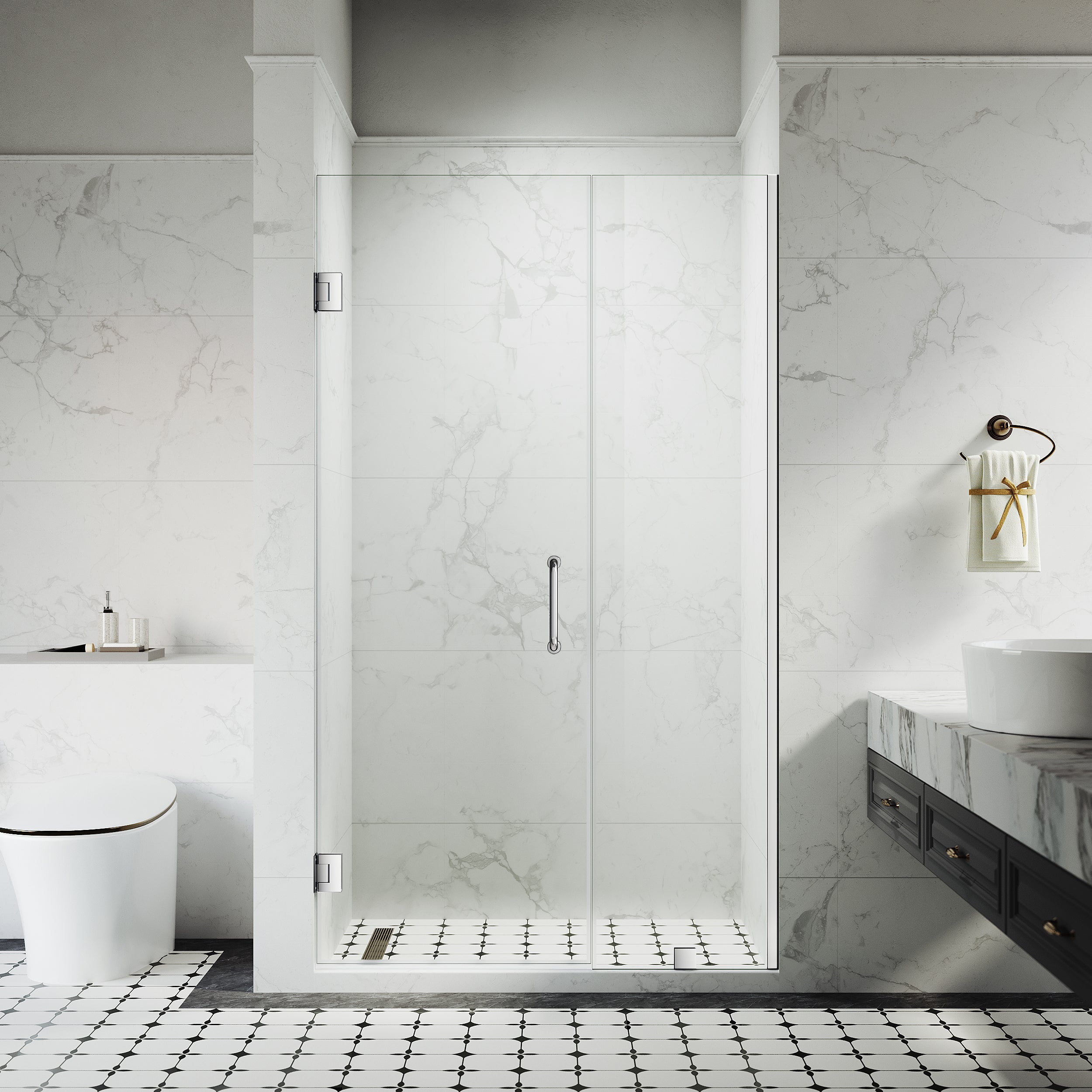 45-1/8 in. to 49 in. W X 80 in. H Frameless Hinged Shower Door with EnduroShield 3/8 in. Clear Glass - 26/28in. Door Panel