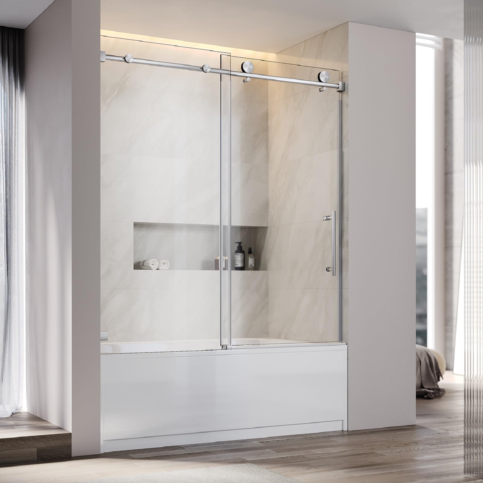 UNIKOO - Cabina de ducha corredera individual ajustable sin marco de acero inoxidable con (1) manija doble de 16”