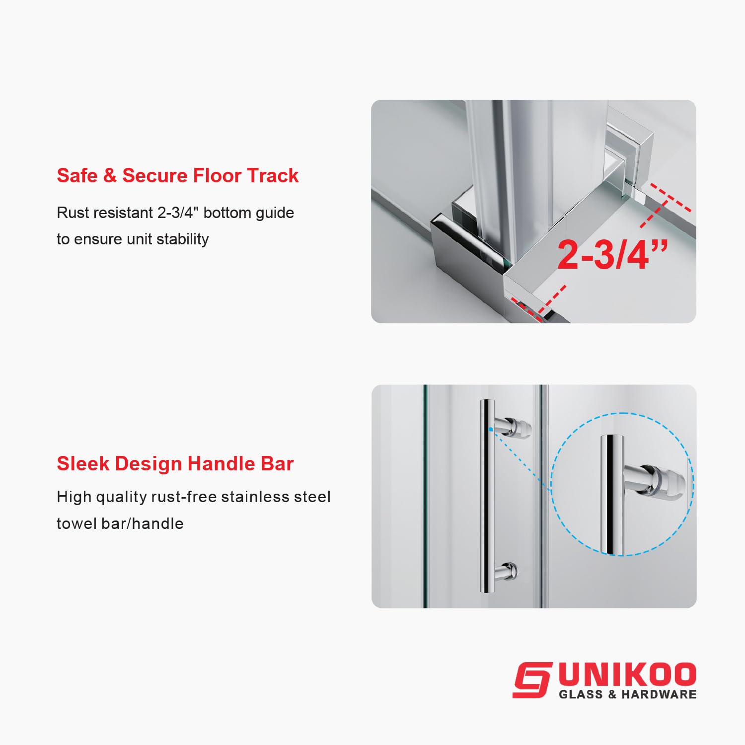 Puerta de ducha corredera sin marco UNIKOO de acero inoxidable con vidrio templado certificado Optiwhite de 3/8" (10 mm).