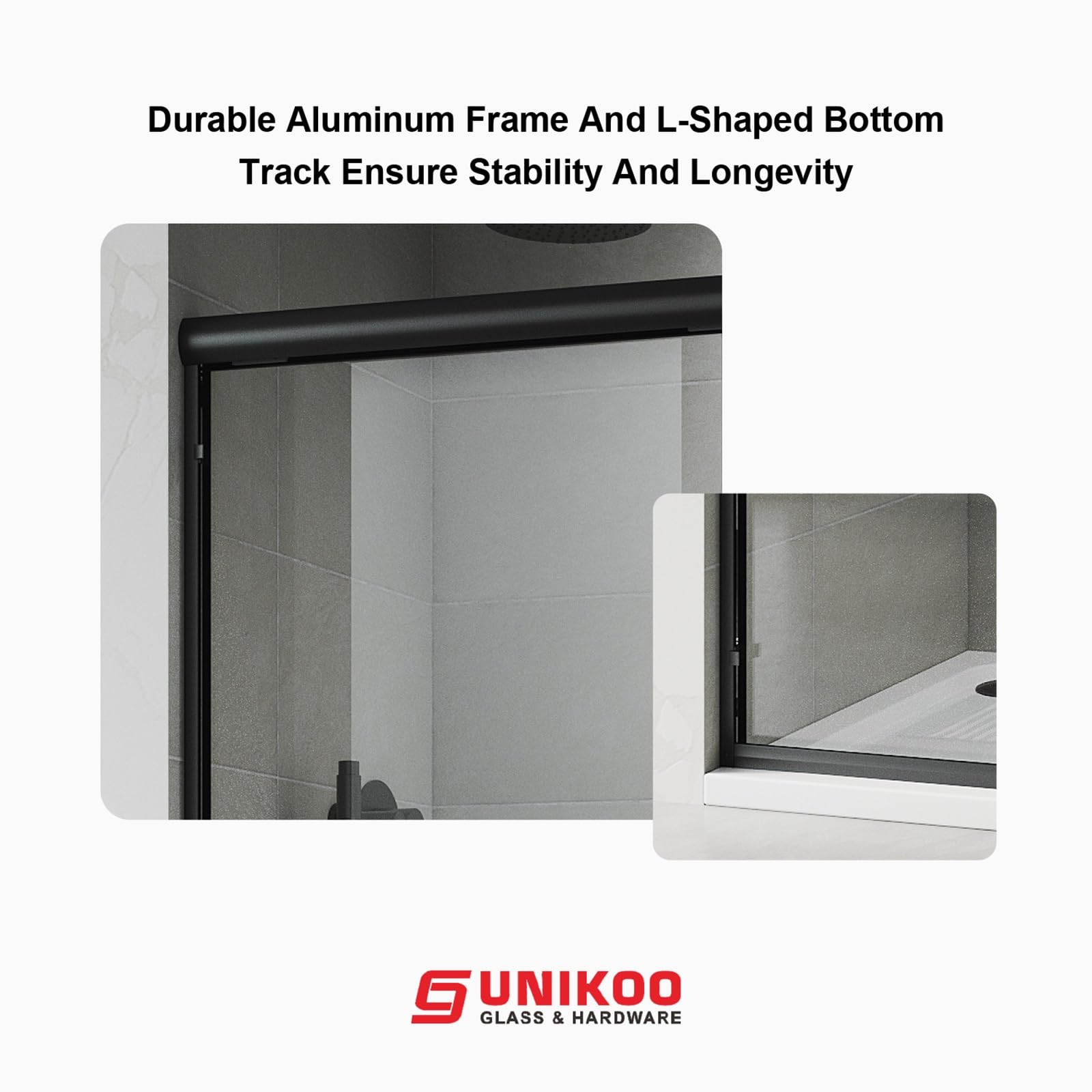 Puerta de ducha corredera doble UNIKOO de 56"-60" de ancho × 72" de alto, semiframeless, de acero inoxidable, en negro mate, con vidrio templado transparente certificado de 1/4" (6 mm). Serie Countesss UKD07-6072-MBL