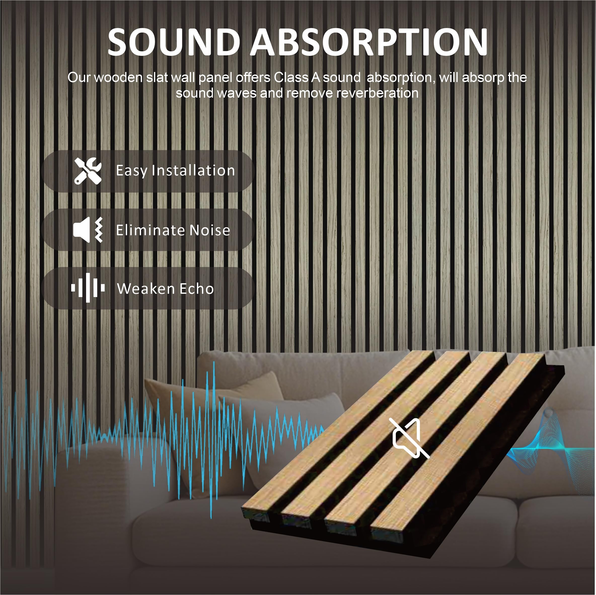 Panel de pared de listones de madera UNIKOO - 60 cm x 240 cm, panel 3D acanalado que absorbe el sonido, ideal para la decoración moderna del hogar.