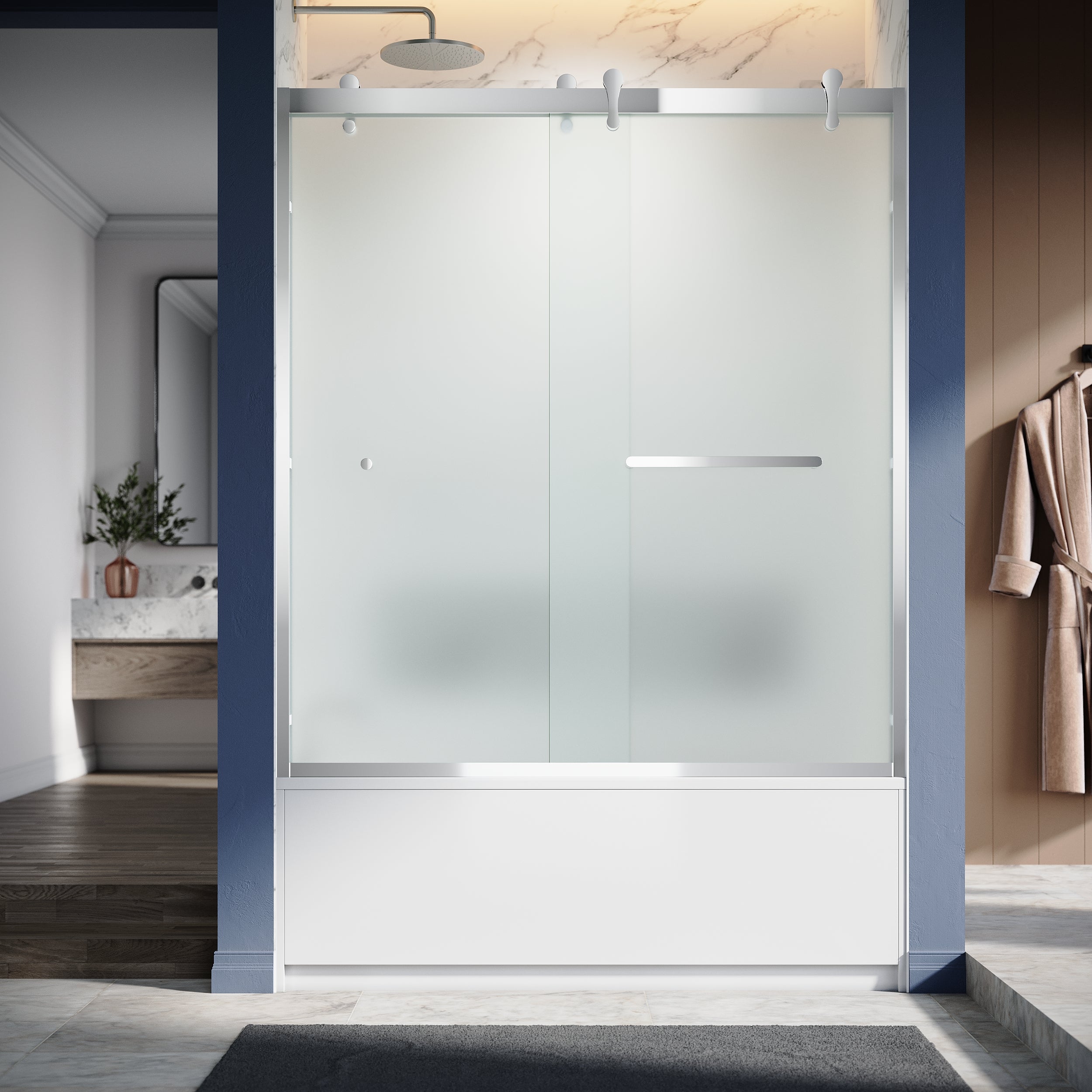 UKD08- 56-60 in. W x 66 in. H Double 1T1F Sliding Semi-Frameless Bathtub Door with EnduroShield in Acid Etch Glass