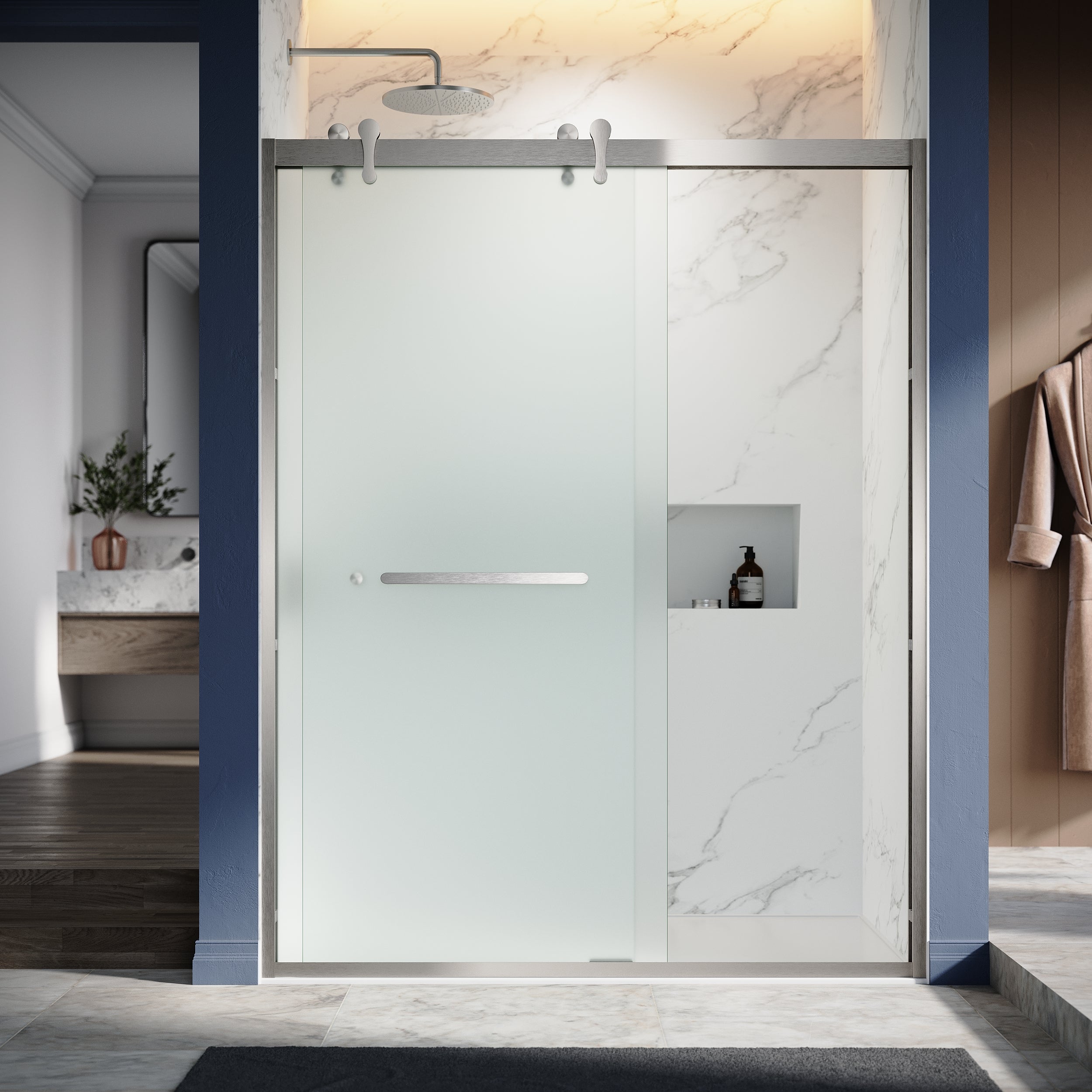 UKD08- 60 in. W x 76 in. H  1T1F Double Sliding Semi-Frameless Bathtub Door with EnduroShield in Acid Etch Glass