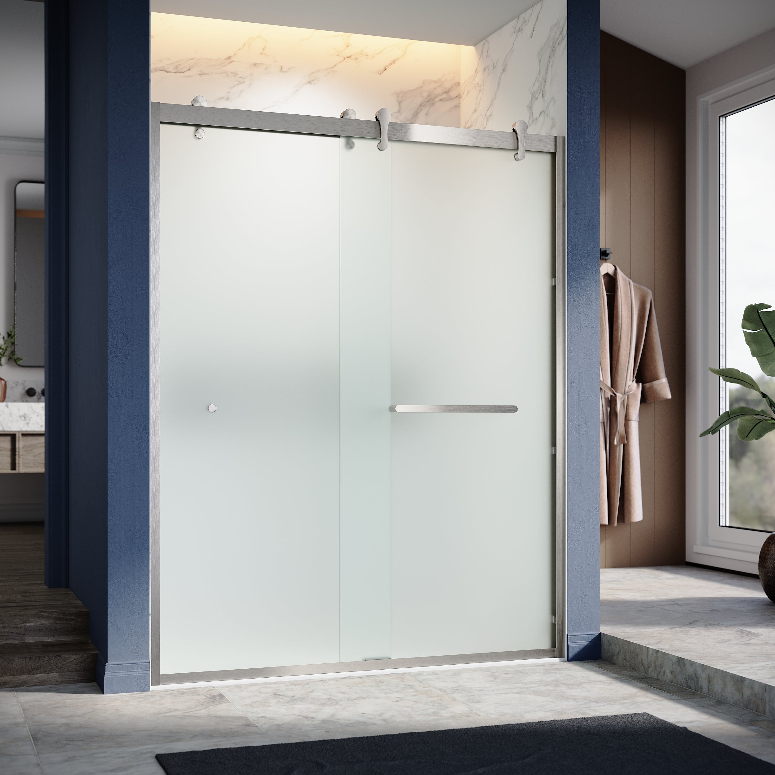 UKD08- 60 in. W x 76 in. H  1T1F Double Sliding Semi-Frameless Bathtub Door with EnduroShield in Acid Etch Glass