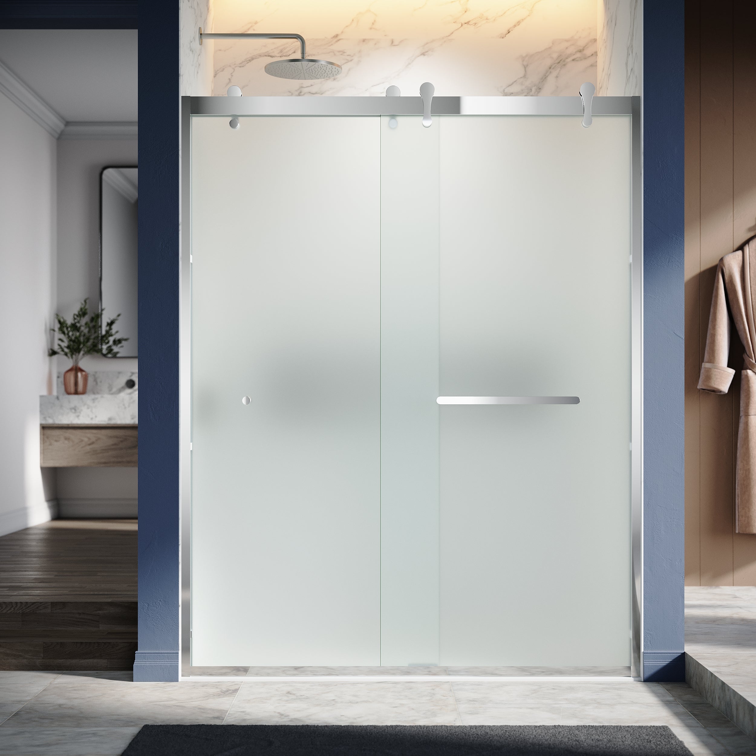 UKD08- 60 in. W x 76 in. H  1T1F Double Sliding Semi-Frameless Bathtub Door with EnduroShield in Acid Etch Glass