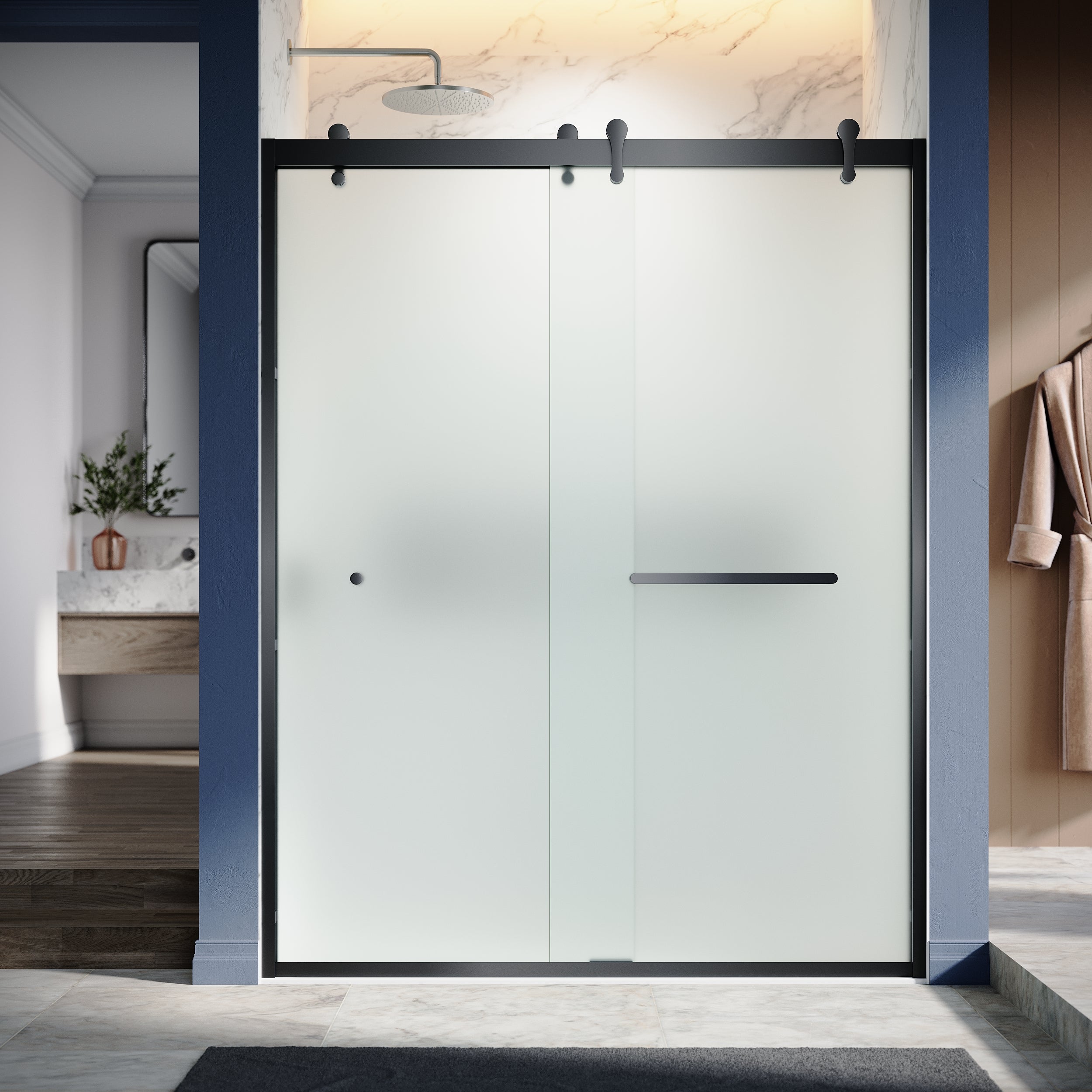 UKD08- 60 in. W x 76 in. H  1T1F Double Sliding Semi-Frameless Bathtub Door with EnduroShield in Acid Etch Glass