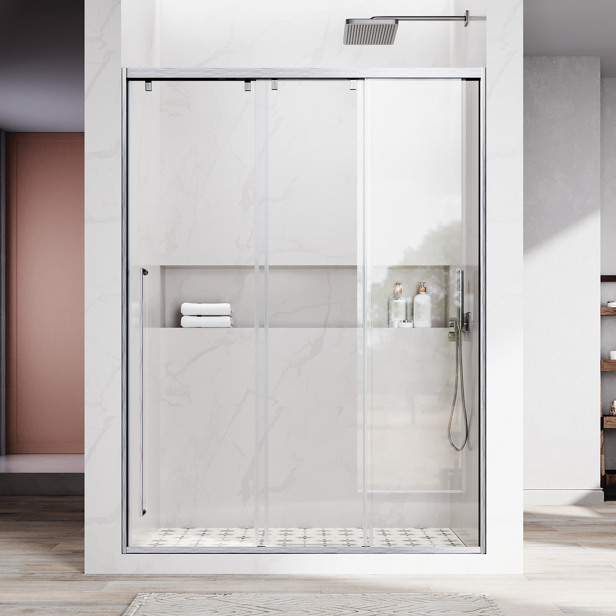 46-49英寸宽×76英寸高哑光黑色不锈钢推拉淋浴门，配有三块5/16英寸（8毫米）认证钢化透明玻璃，型号UKS13-49x76 