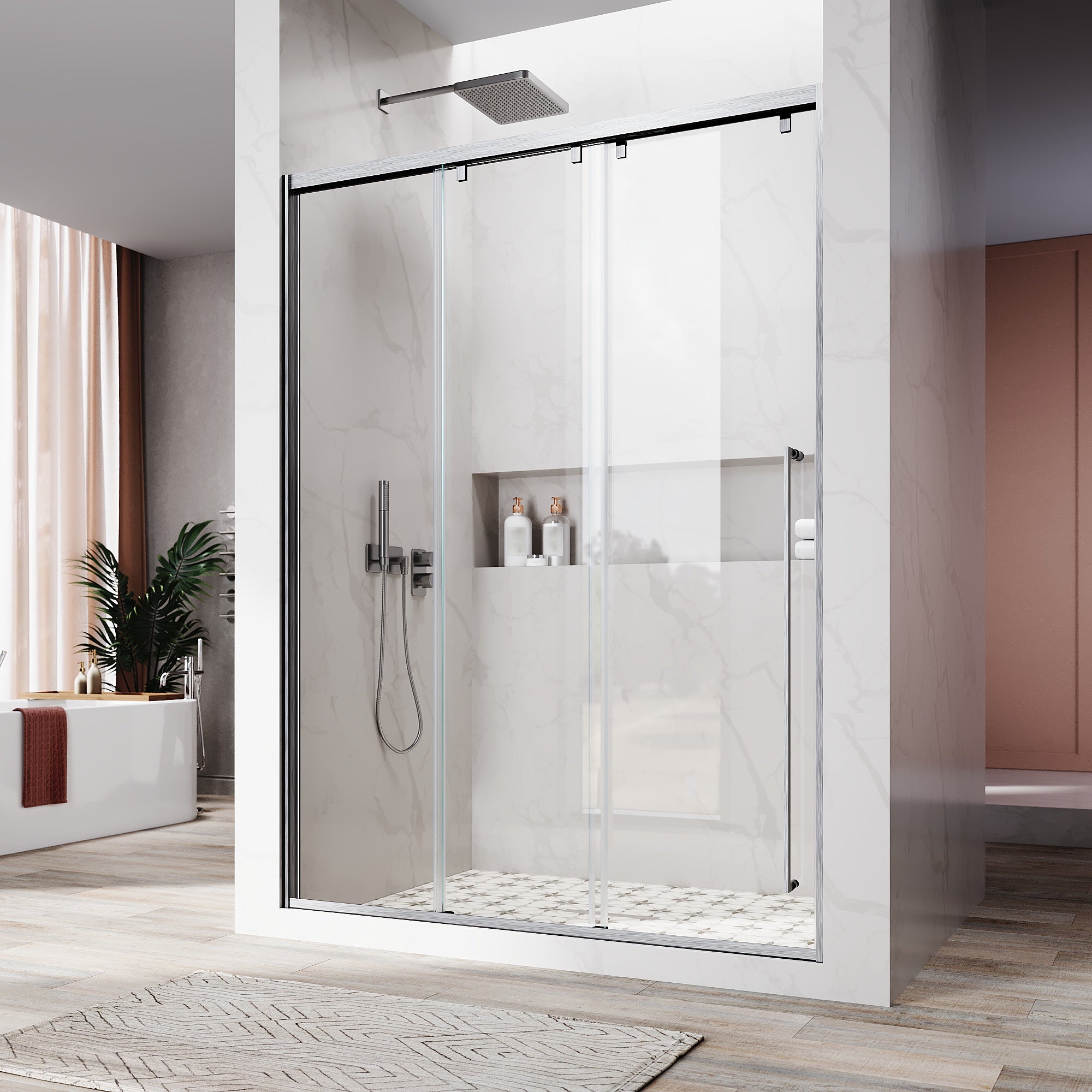 56"- 60" W×66" H Framed Stainless Steel Bypass Sliding Shower Door in Matte Black with Three 5/16" (8mm) Certified Tempered Clear Glass UKS13-60x66