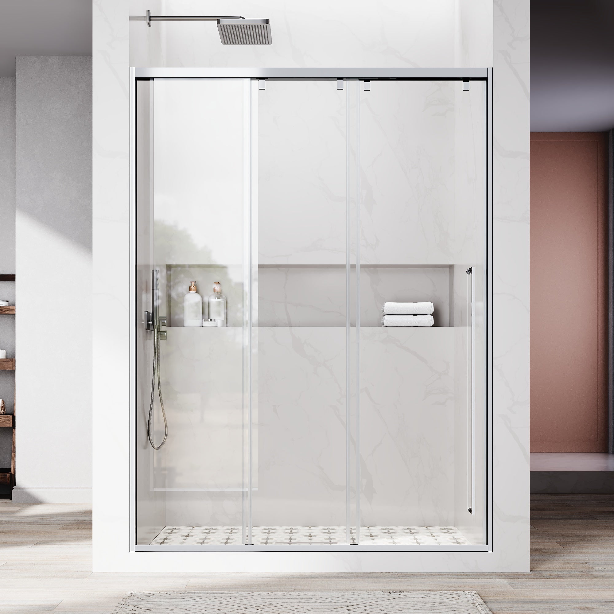 56"- 60" W×66" H Framed Stainless Steel Bypass Sliding Shower Door in Matte Black with Three 5/16" (8mm) Certified Tempered Clear Glass UKS13-60x66