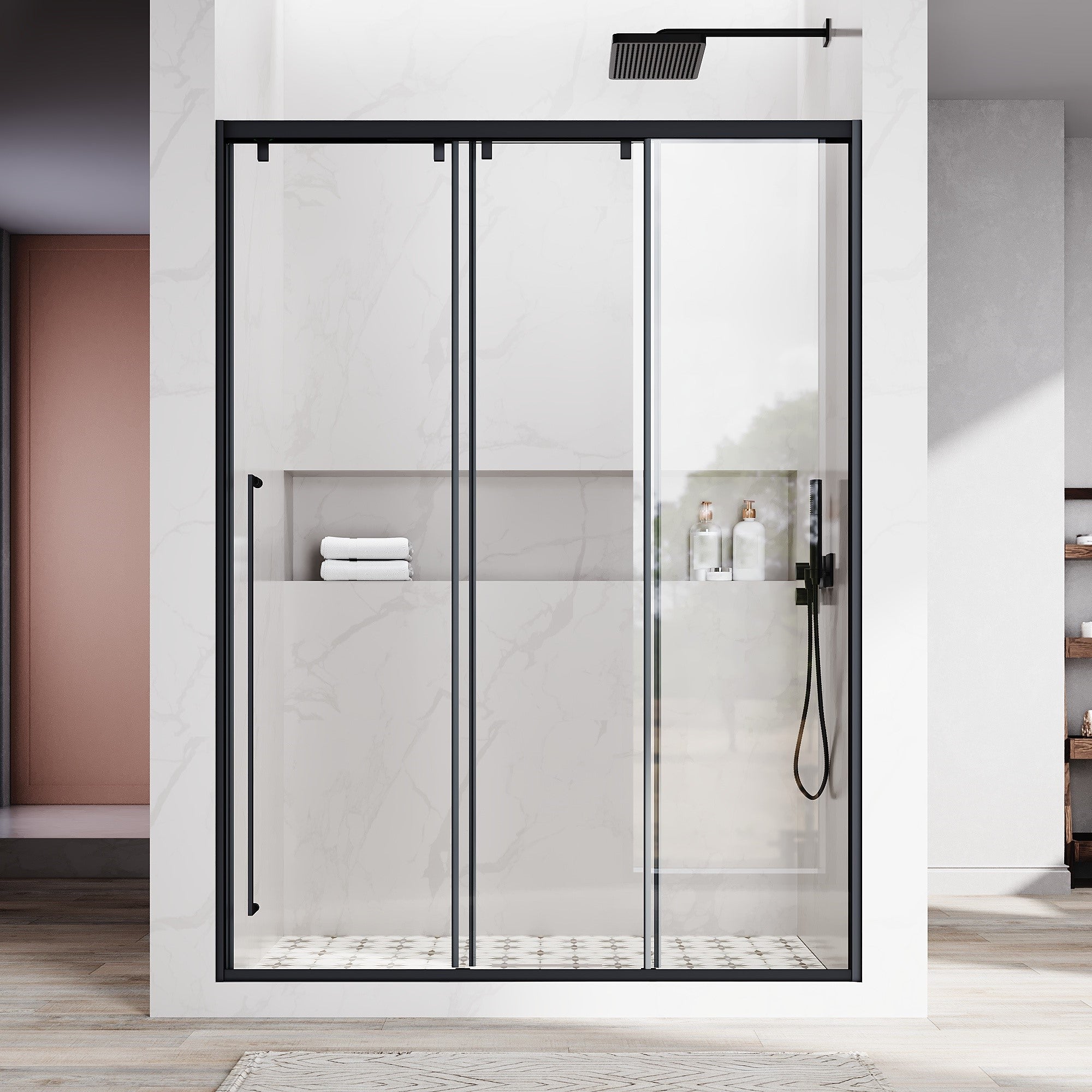 46-49英寸宽×76英寸高哑光黑色不锈钢推拉淋浴门，配有三块5/16英寸（8毫米）认证钢化透明玻璃，型号UKS13-49x76 