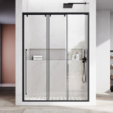 56-60英寸宽×66英寸高哑光黑色不锈钢推拉淋浴门，配有三块5/16英寸（8毫米）认证钢化透明玻璃，型号UKS13-60x66 