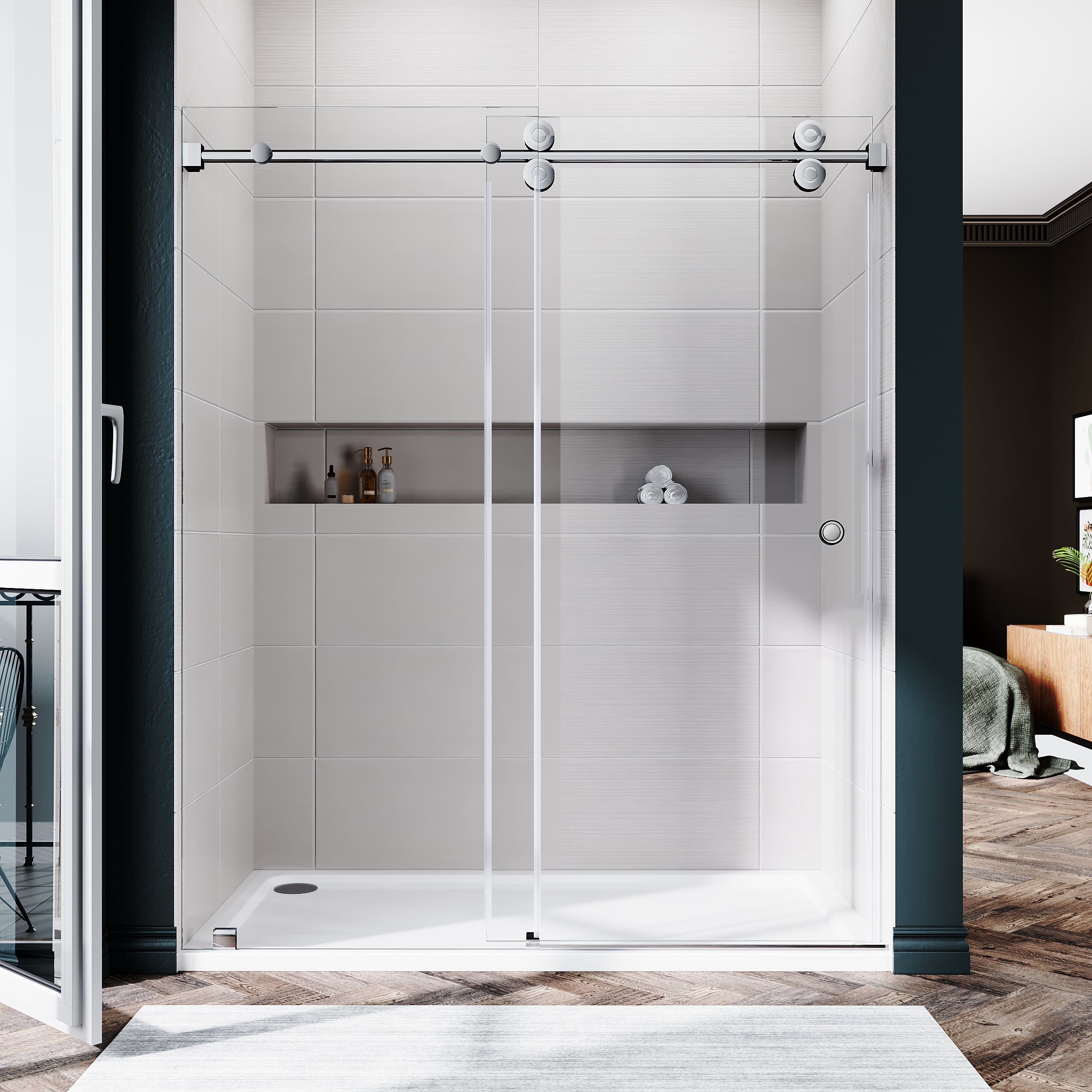 UKS04 - Puerta de ducha corrediza sin marco de 56 a 60 pulgadas de ancho x 80 pulgadas de alto, 1FP, vidrio transparente EnduroShield de 3/8 de pulgada