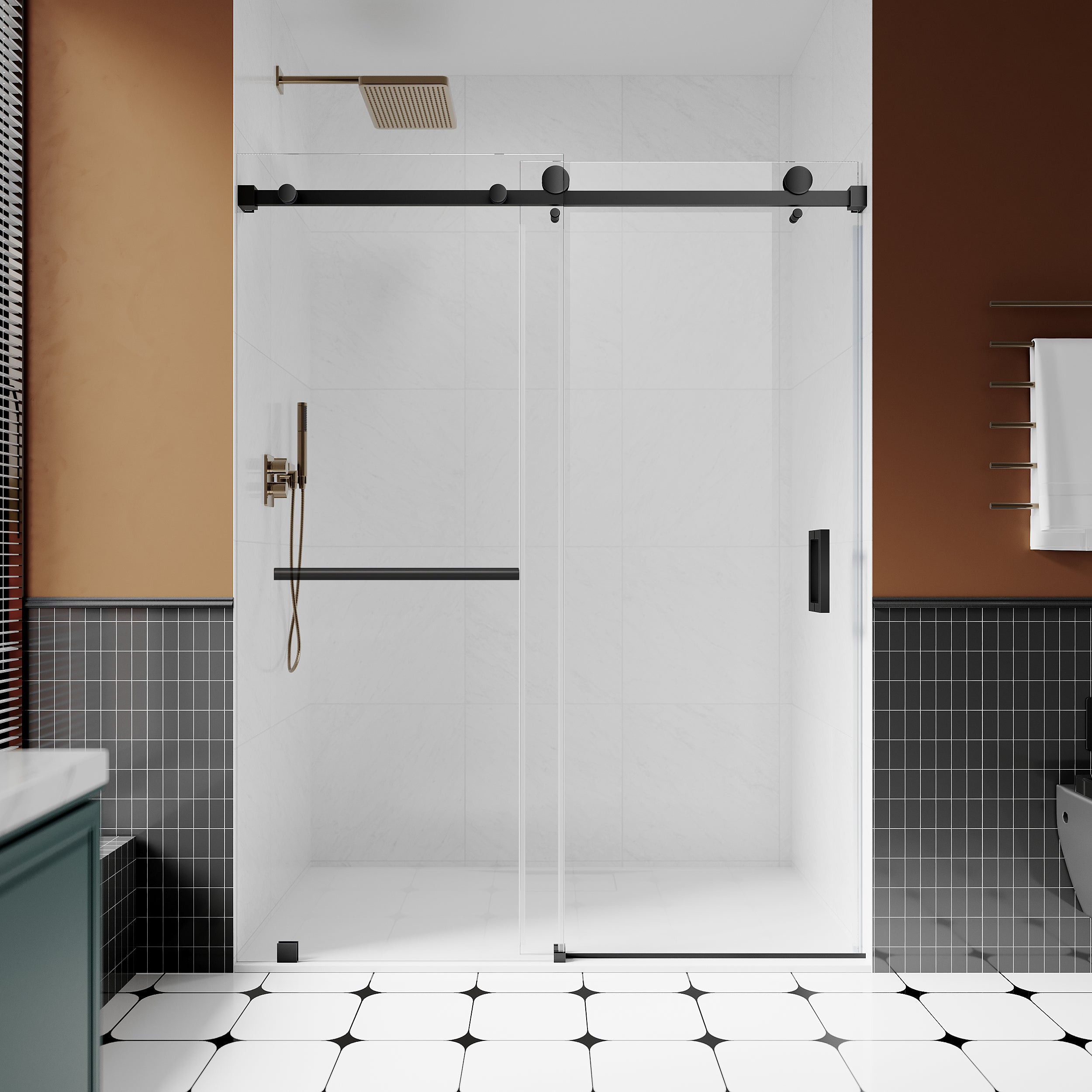 UKS05 - Puerta de ducha corrediza sin marco de 56 a 60 pulgadas de ancho x 80 pulgadas de alto, 1H1TB, vidrio transparente EnduroShield de 3/8 pulgadas SGCC