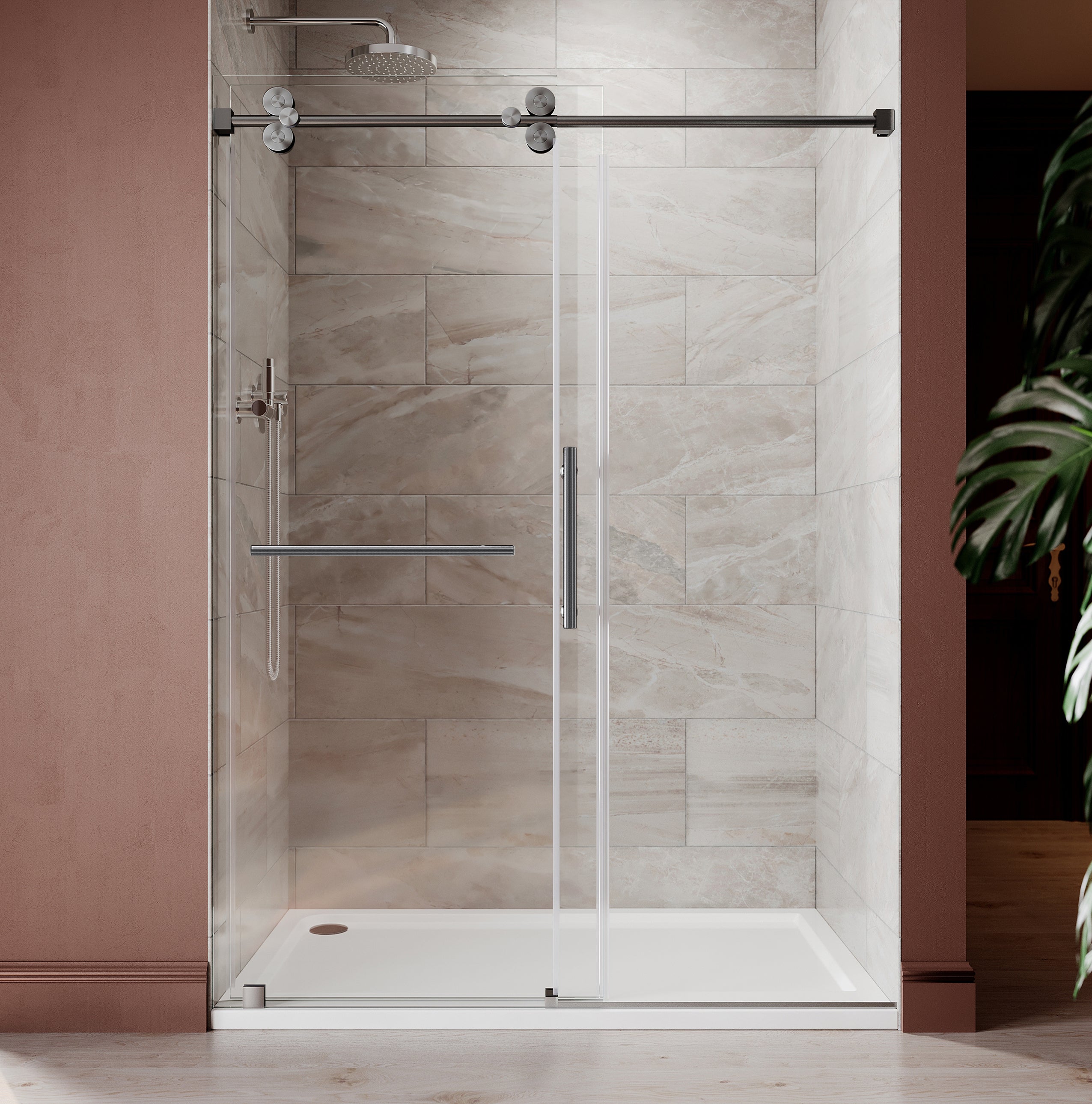 UKS04 - Puerta de ducha corrediza sin marco de 56 a 60 pulgadas de ancho x 80 pulgadas de alto, 1H1TB, vidrio transparente EnduroShield de 3/8 de pulgada