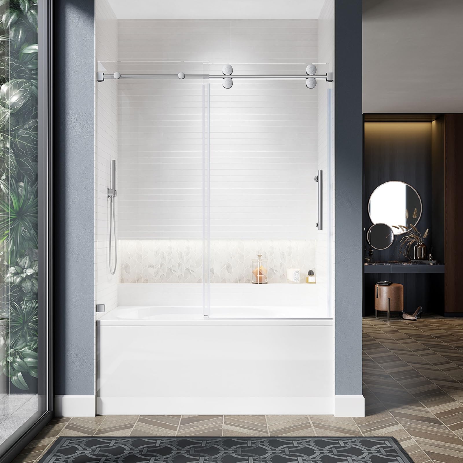Puerta de ducha corredera sin marco UNIKOO de acero inoxidable con vidrio templado certificado Optiwhite de 3/8" (10 mm).