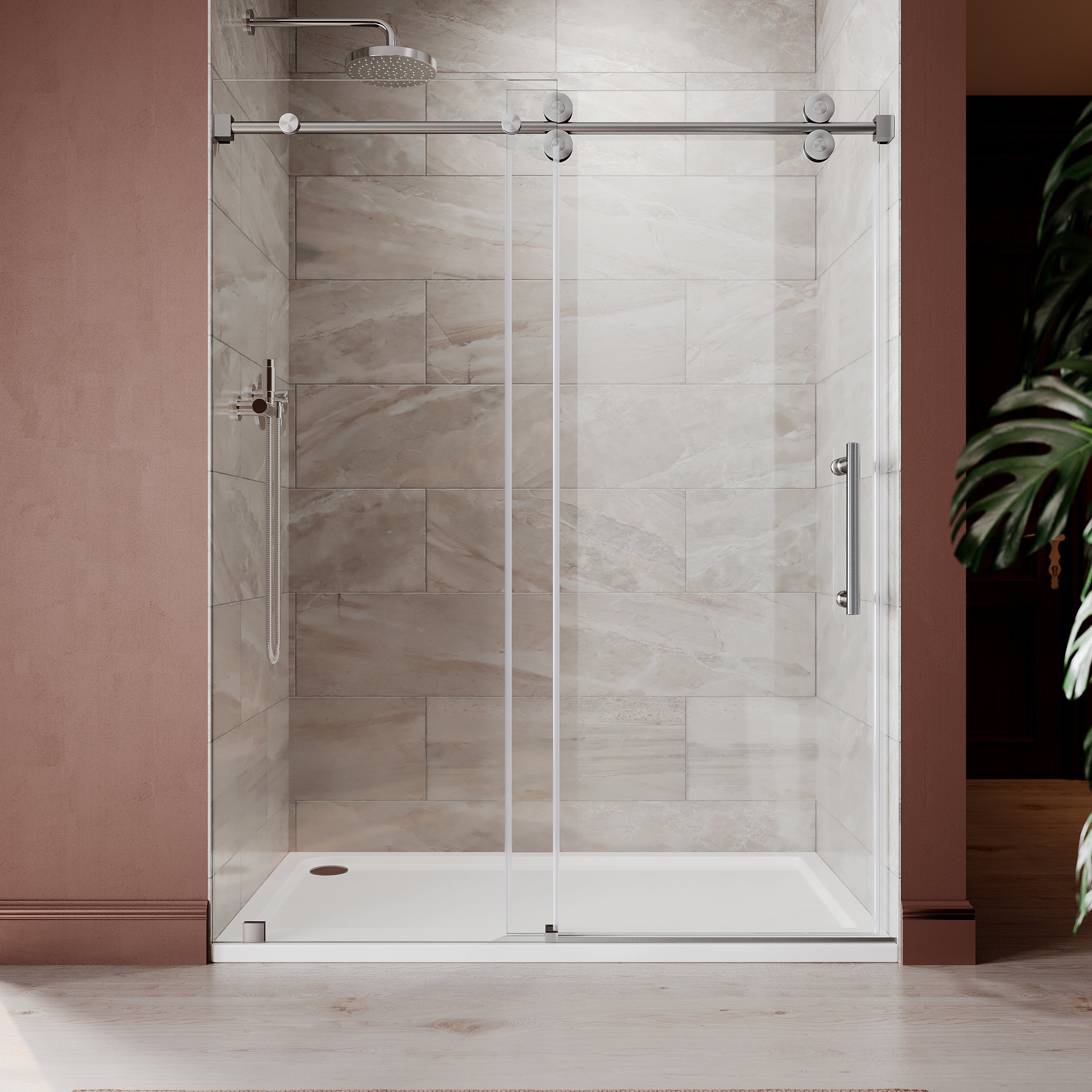 UKS04 -61 to 65 in. W x 76 or 80 in. H Sliding Frameless Shower Door, EnduroShield 3/8 in. SGCC Clear Glass