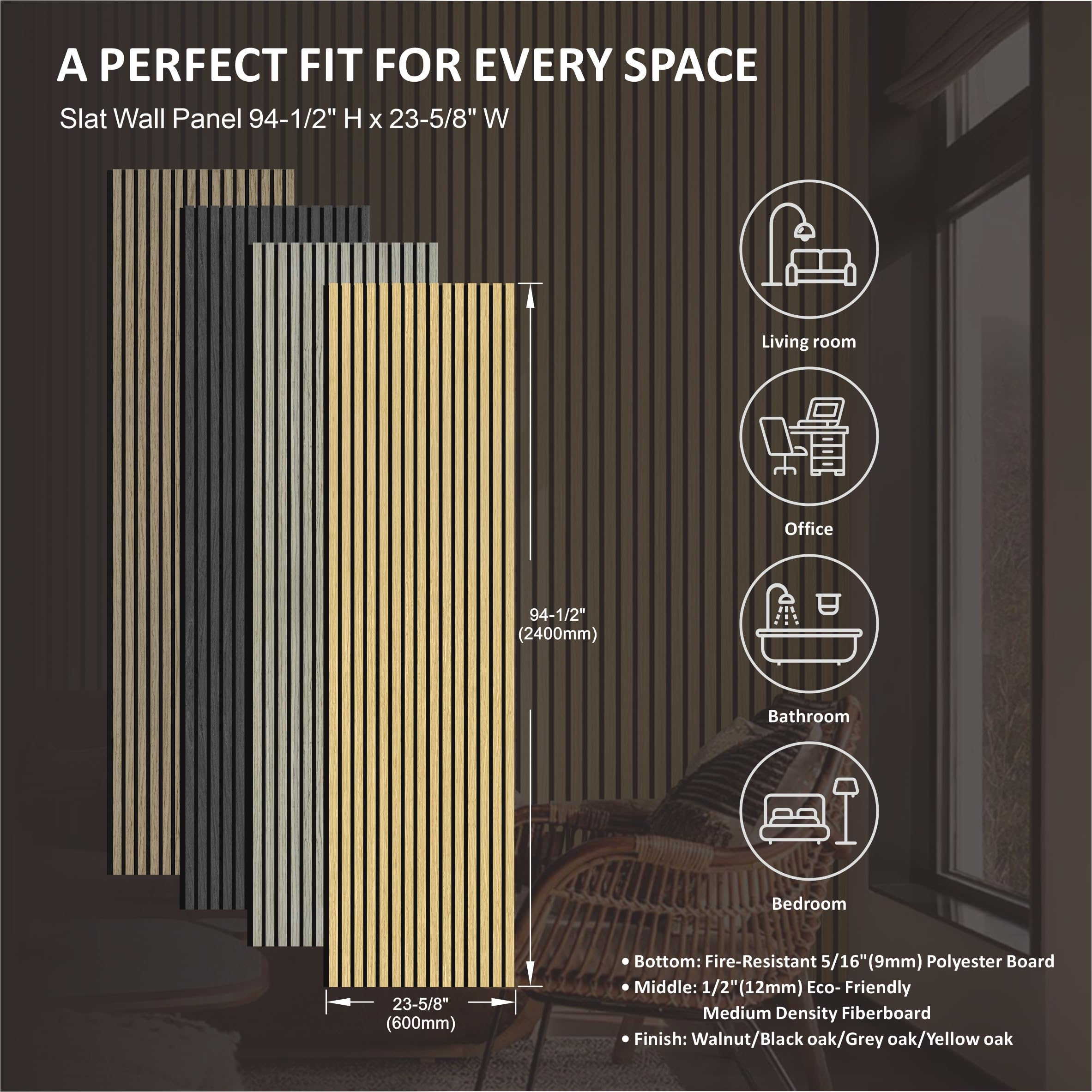 Panel de pared de listones de madera UNIKOO - 60 cm x 240 cm, panel 3D acanalado que absorbe el sonido, ideal para la decoración moderna del hogar.