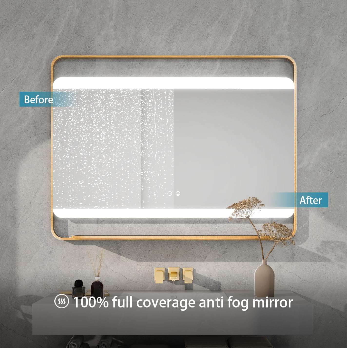 44 in. W x 33 in. H Rectangular Stain Steel Framed LED Light Anti-Fog Bathroom Vanity Mirror