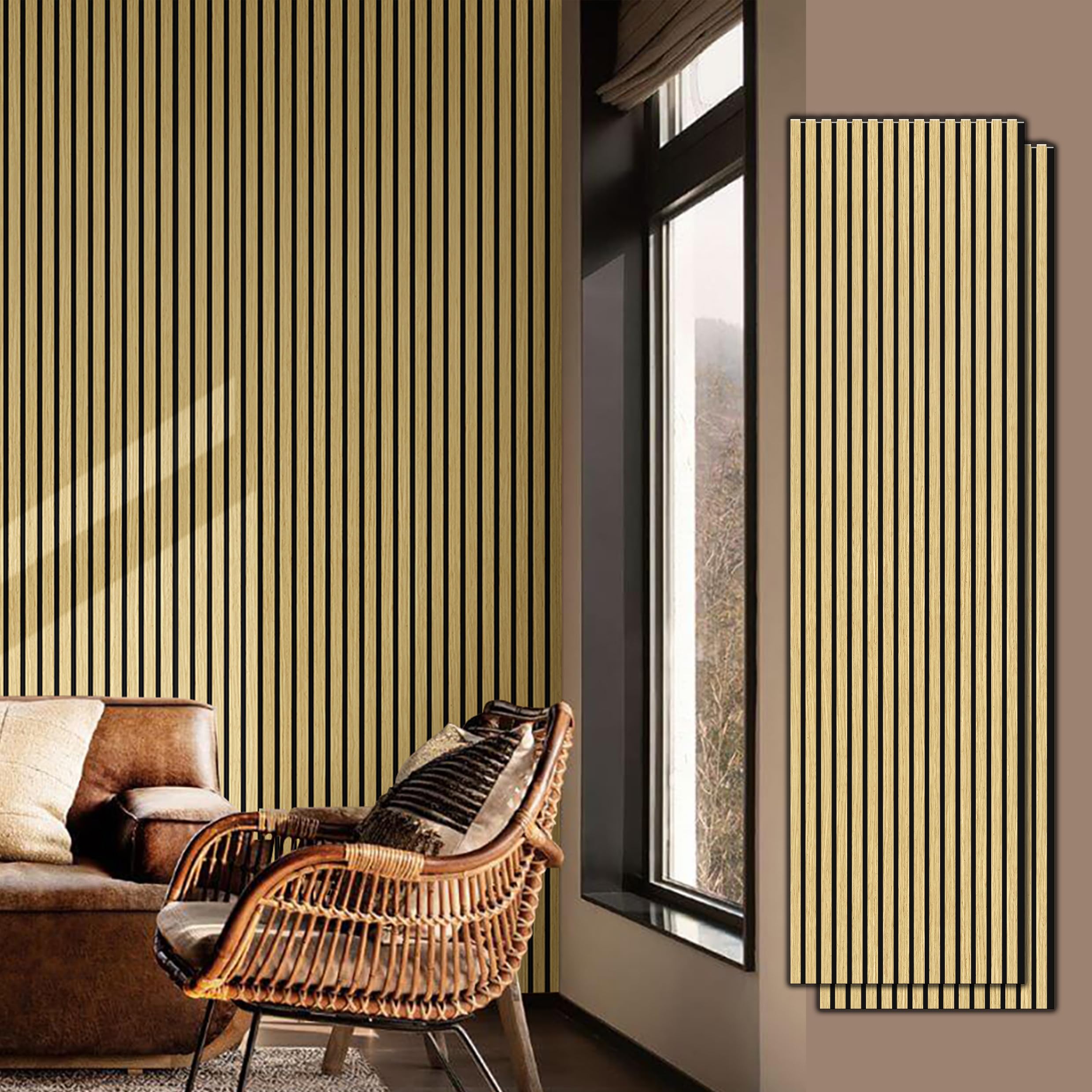 Panel de pared de listones de madera UNIKOO - 60 cm x 240 cm, panel 3D acanalado que absorbe el sonido, ideal para la decoración moderna del hogar.