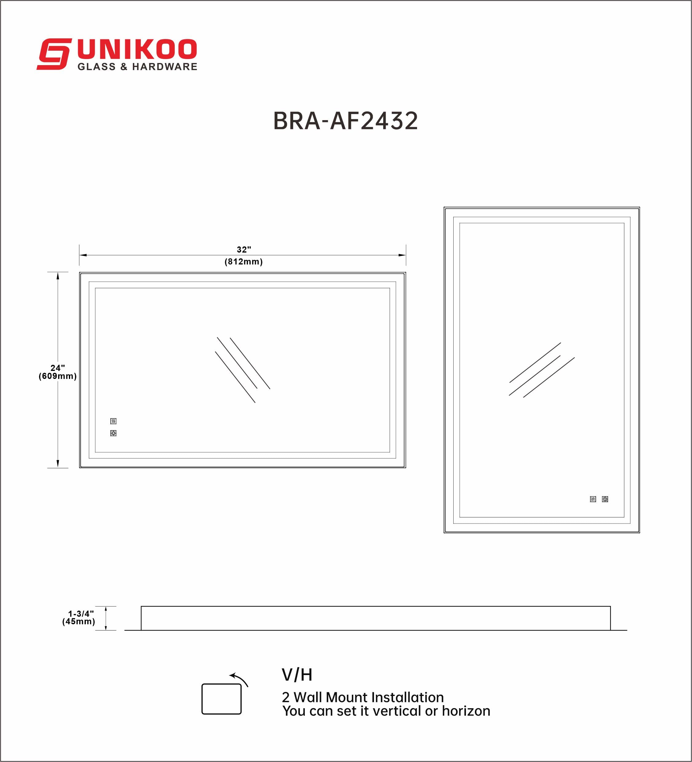 UNIKOO 24 in. W x 32 in. H Rectangular Aluminum Framed LED Light Anti-Fog Bathroom Vanity Mirror