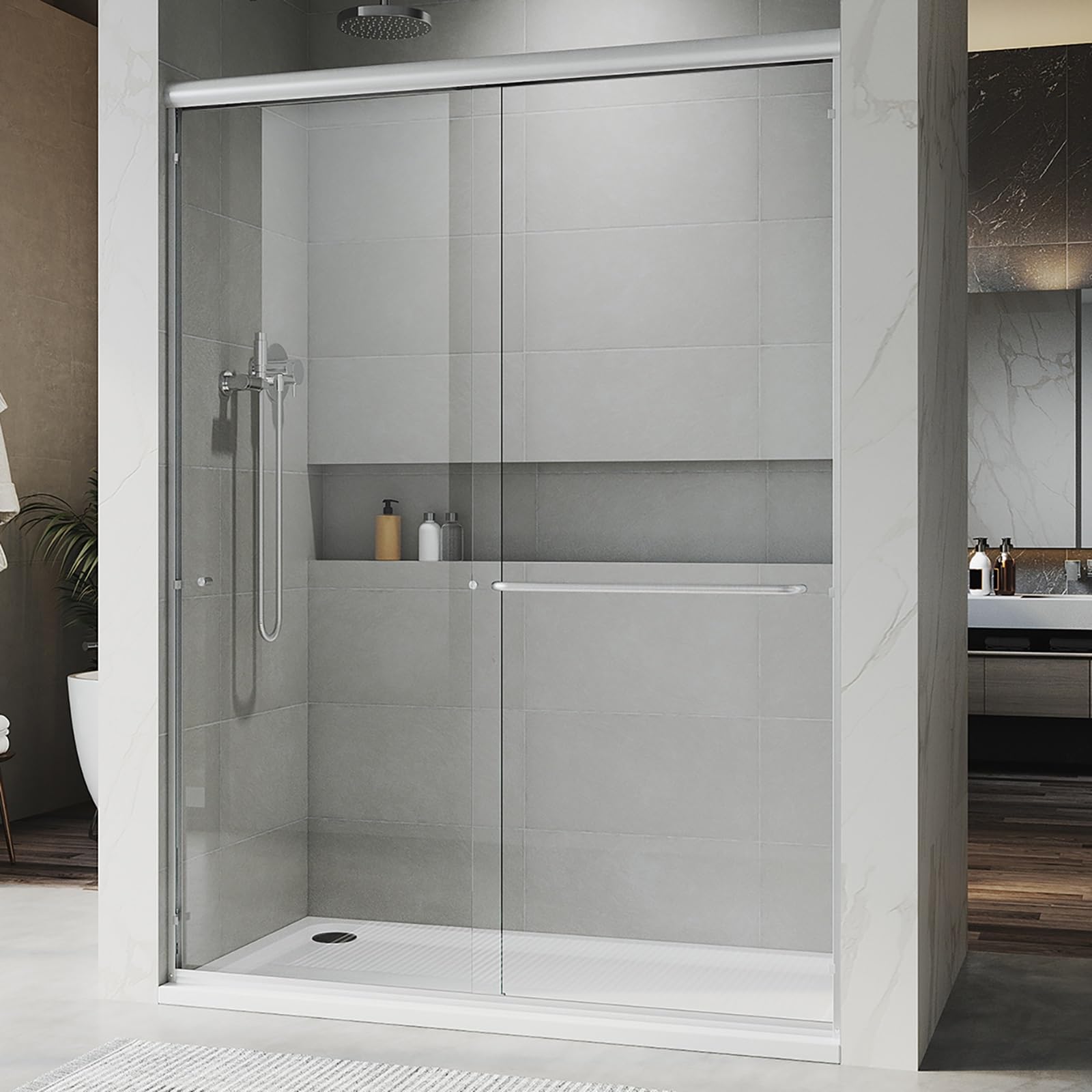 Puerta de ducha corredera doble UNIKOO de 56"-60" de ancho × 72" de alto, semiframeless, de acero inoxidable, con acabado en níquel cepillado y vidrio templado transparente certificado de 1/4" (6 mm). Serie Countesss UKD07-6072-BN