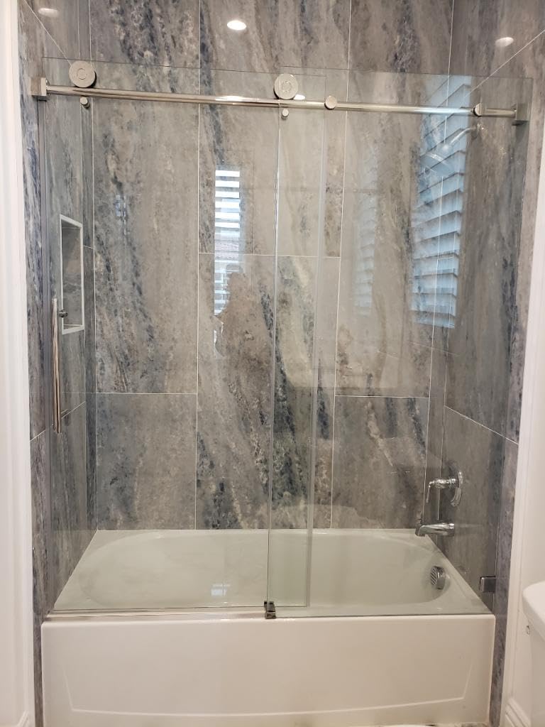 UNIKOO - Cabina de ducha corredera individual ajustable sin marco de acero inoxidable con (1) manija doble de 16”