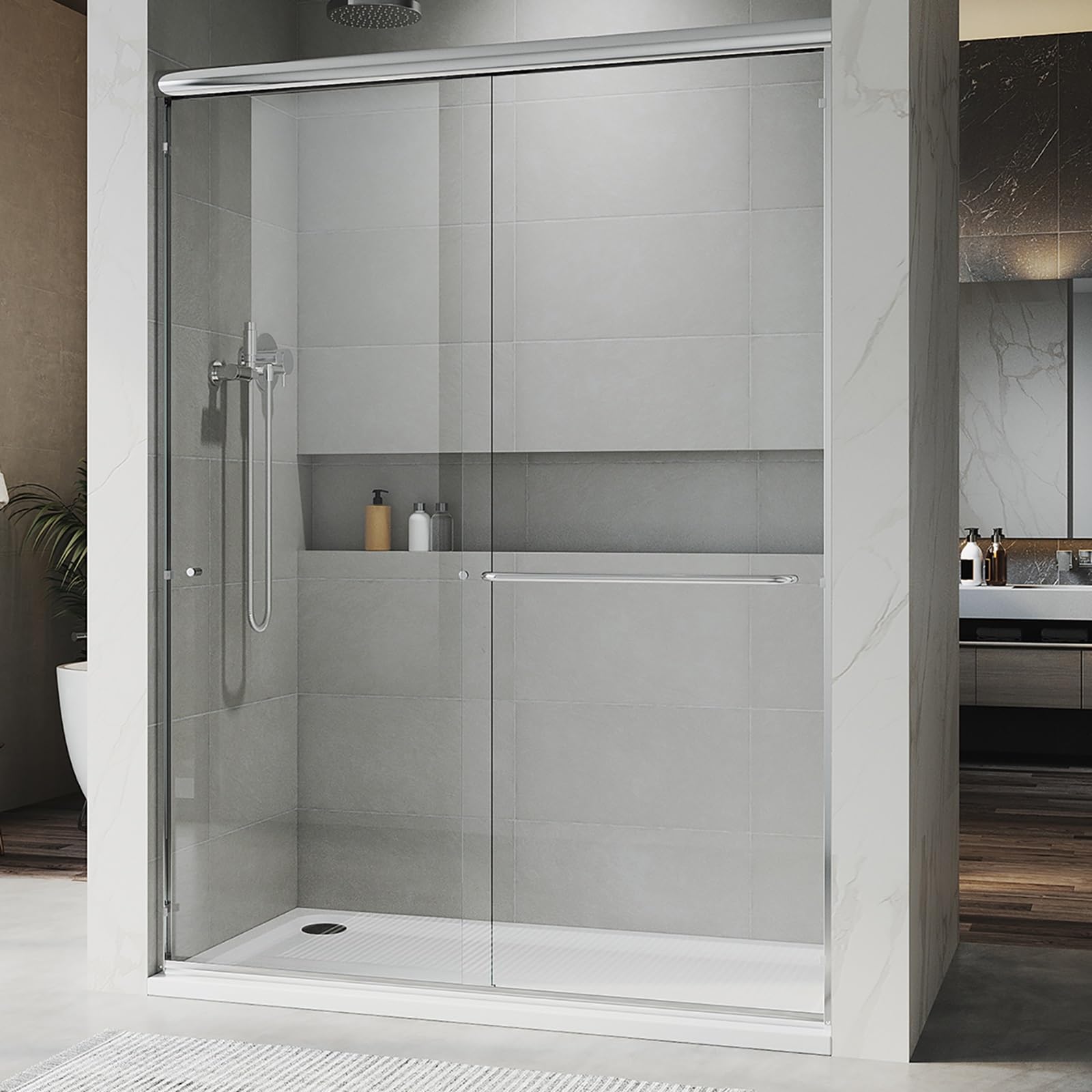 Puerta de ducha corredera doble UNIKOO de 56"-60" de ancho × 72" de alto, semiframeless, de acero inoxidable, en cromo brillante, con vidrio templado transparente certificado de 1/4" (6 mm). Serie Countesss UKD07-6072-CH