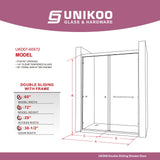 Puerta de ducha corredera doble UNIKOO de 56"-60" de ancho × 72" de alto, semiframeless, de acero inoxidable, con acabado en níquel cepillado y vidrio templado transparente certificado de 1/4" (6 mm). Serie Countesss UKD07-6072-BN