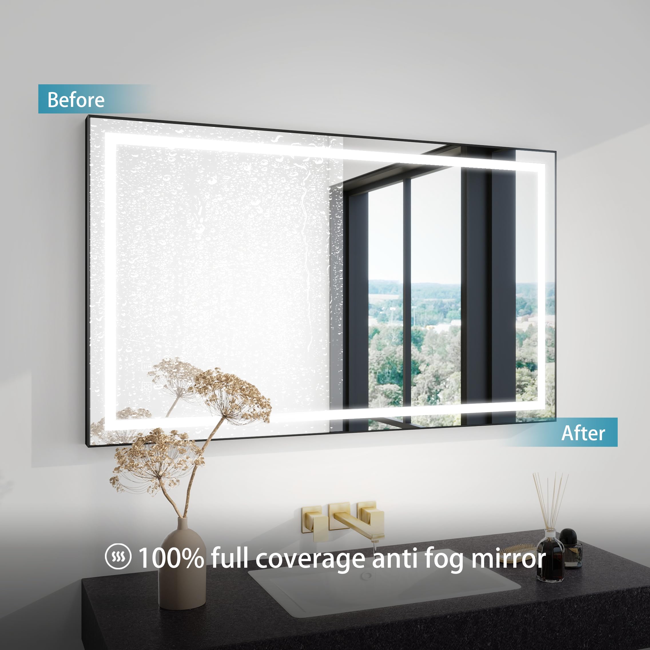 UNIKOO 24 in. W x 32 in. H Rectangular Aluminum Framed LED Light Anti-Fog Bathroom Vanity Mirror