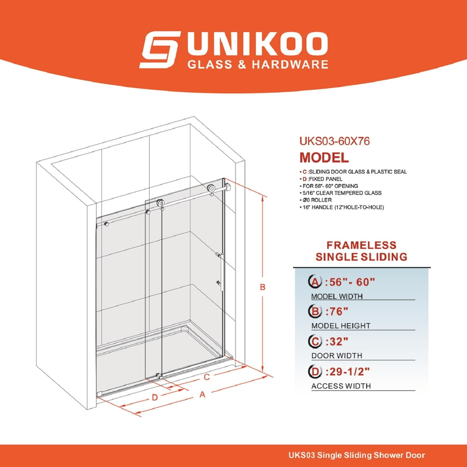 UNIKOO - Cabina de ducha corredera individual ajustable sin marco de acero inoxidable con (1) manija doble de 16”