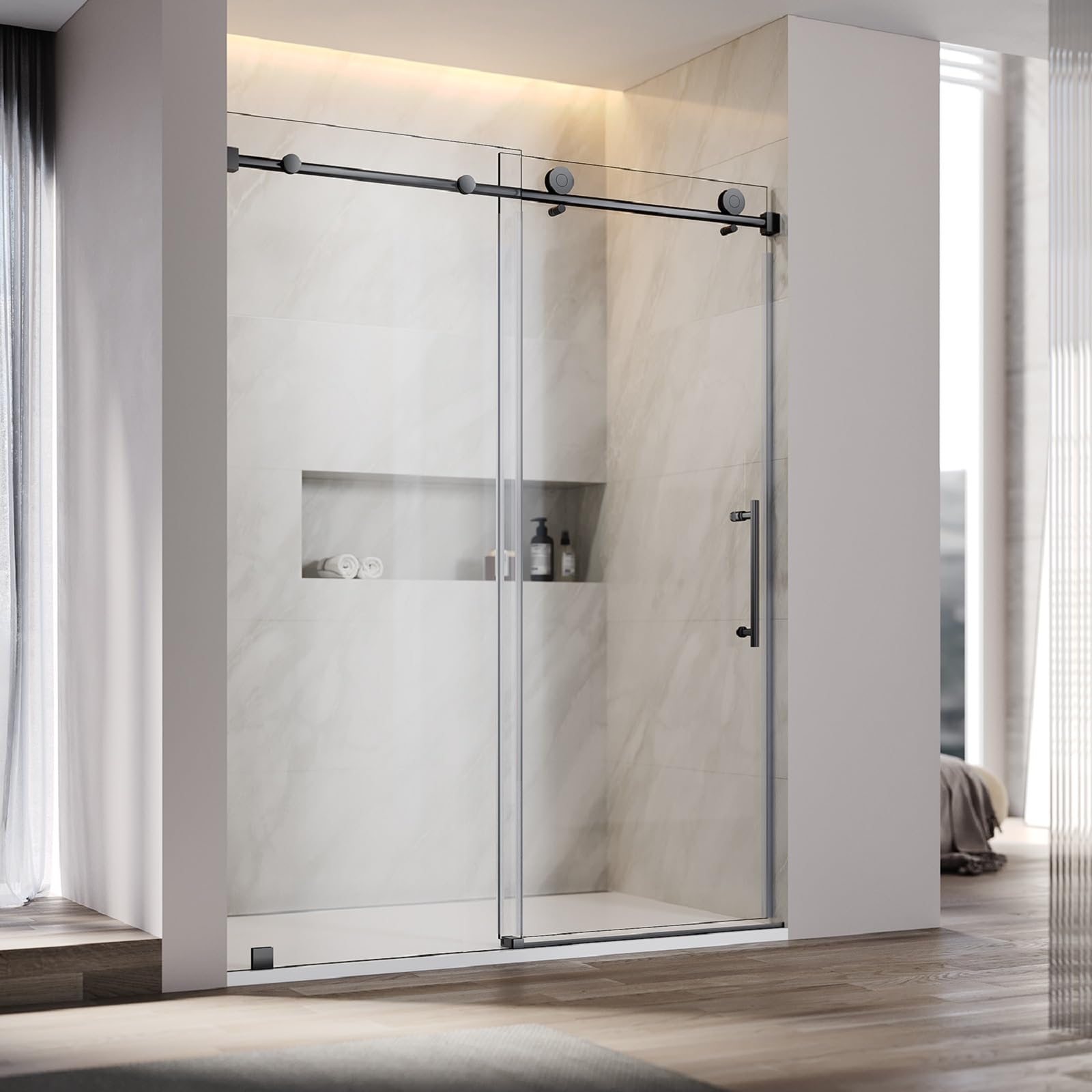 UNIKOO - Cabina de ducha corredera individual ajustable sin marco de acero inoxidable con (1) manija doble de 16”