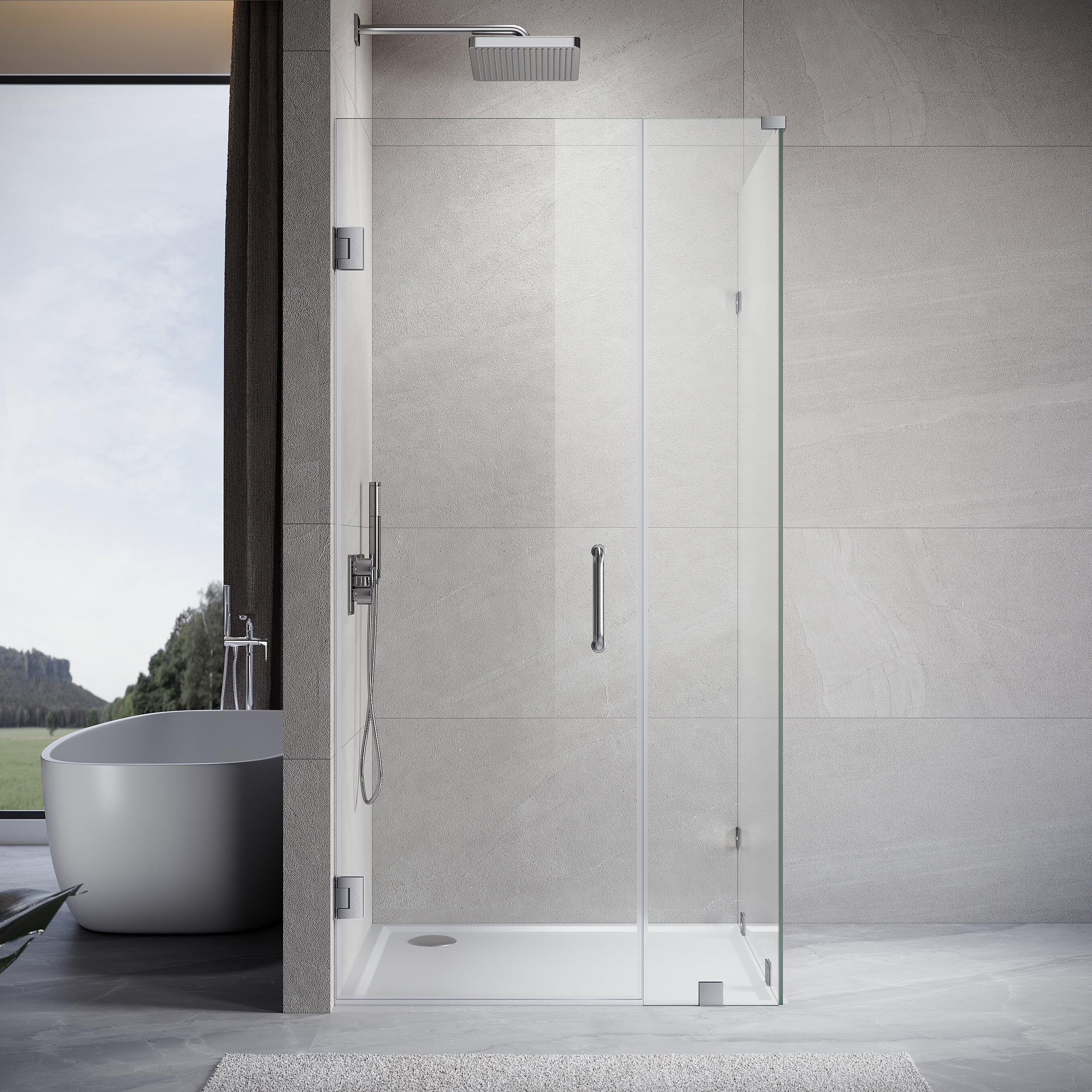 UKH07 46-1/8 to 47 in. W X 32 to 38 in. D X 80 in. H Frameless Hinged Shower Door with EnduroShield 3/8 in. Clear Glass with 26 in. Door Panel