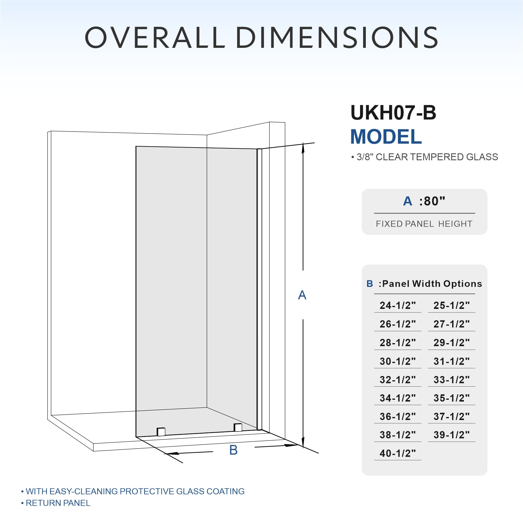 UKH07B  25" W x 80" H Shower Glass Panel, Semi-Framed Fixed Glass Shower Panel with Solid Frame, 3/8" (10mm) Thick Clear Certified Tempered Shower Door, Bathroom Shower Screen