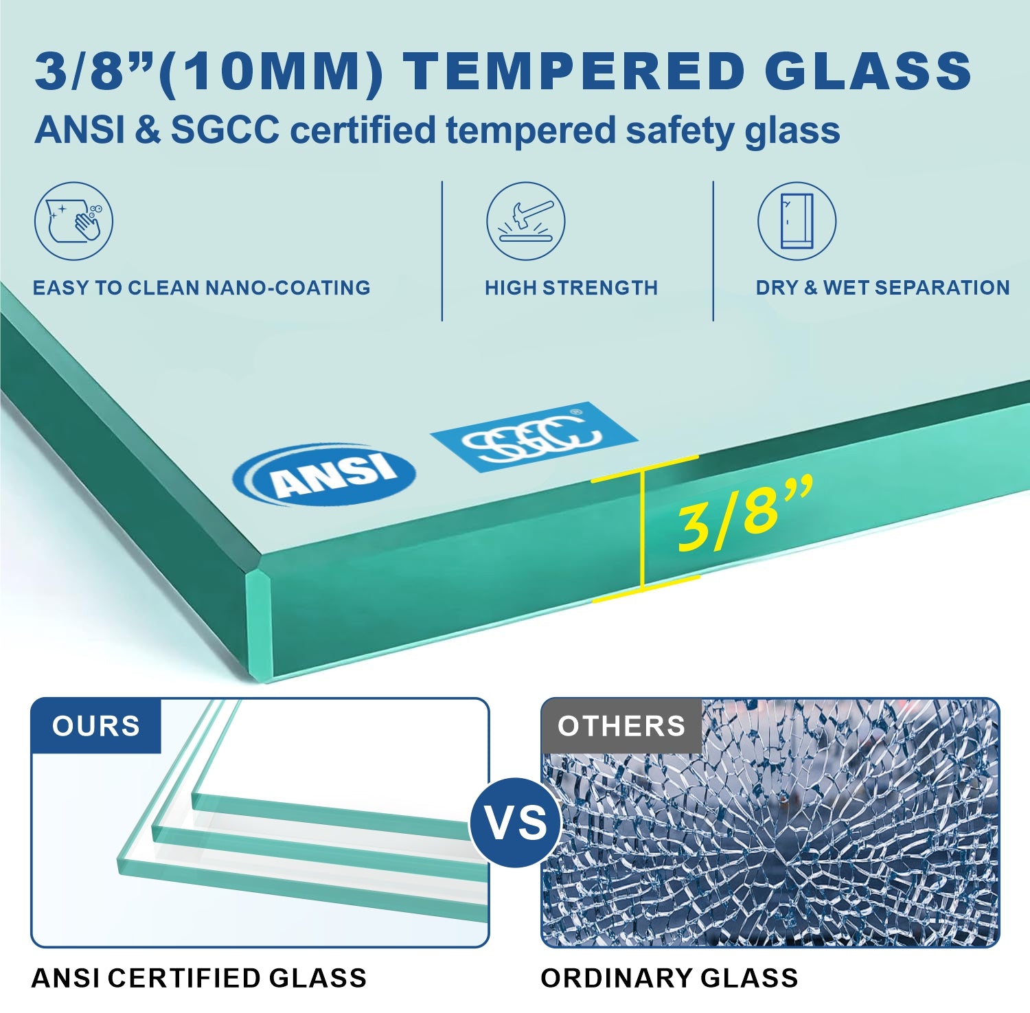 UKH07B  25" W x 80" H Shower Glass Panel, Semi-Framed Fixed Glass Shower Panel with Solid Frame, 3/8" (10mm) Thick Clear Certified Tempered Shower Door, Bathroom Shower Screen