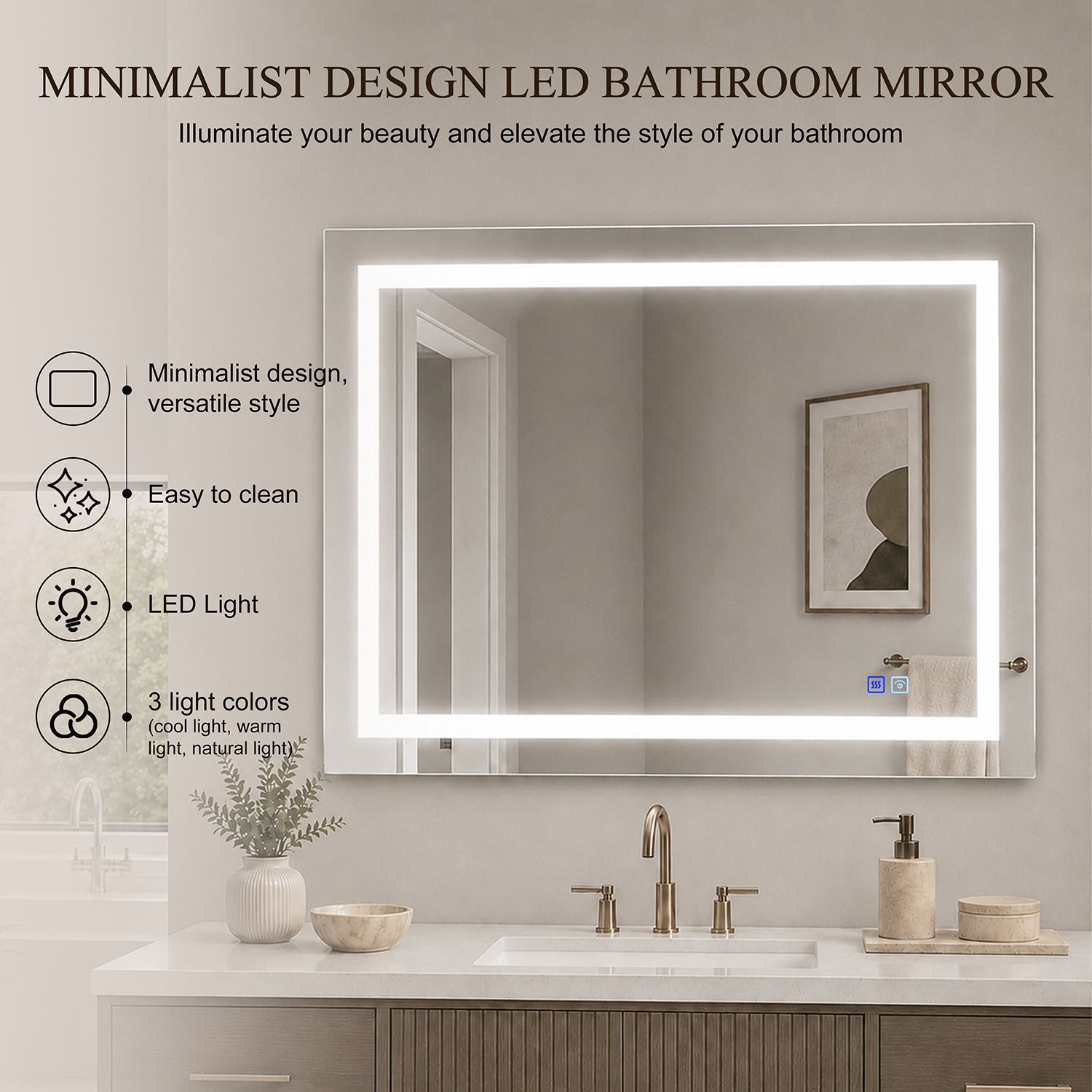 LED Mirror Frameless LED Vanity Mirror, Anti-Fog Bathroom Wall Mirror with Front Light