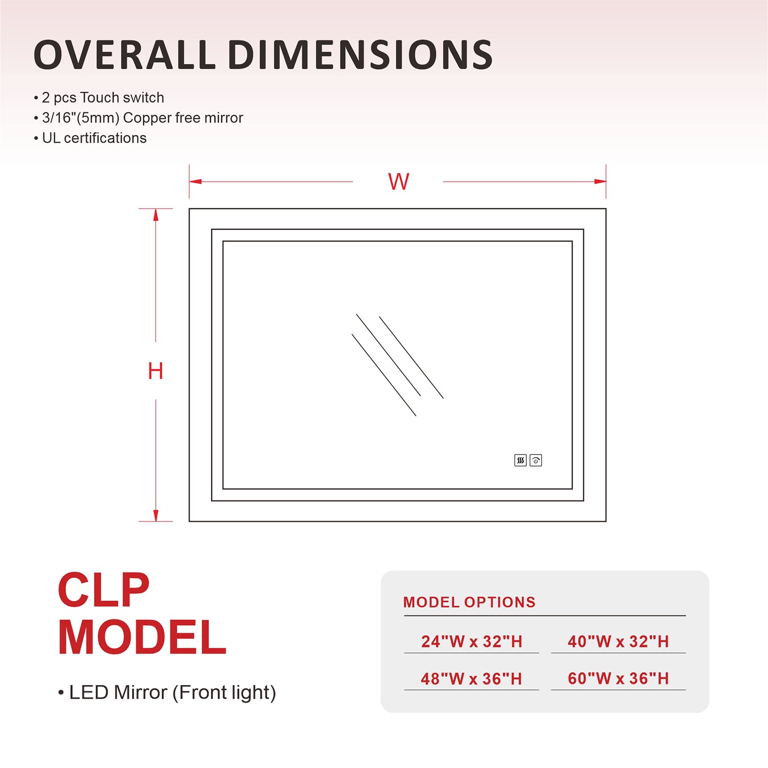 LED Mirror Frameless LED Vanity Mirror, Anti-Fog Bathroom Wall Mirror with Front Light