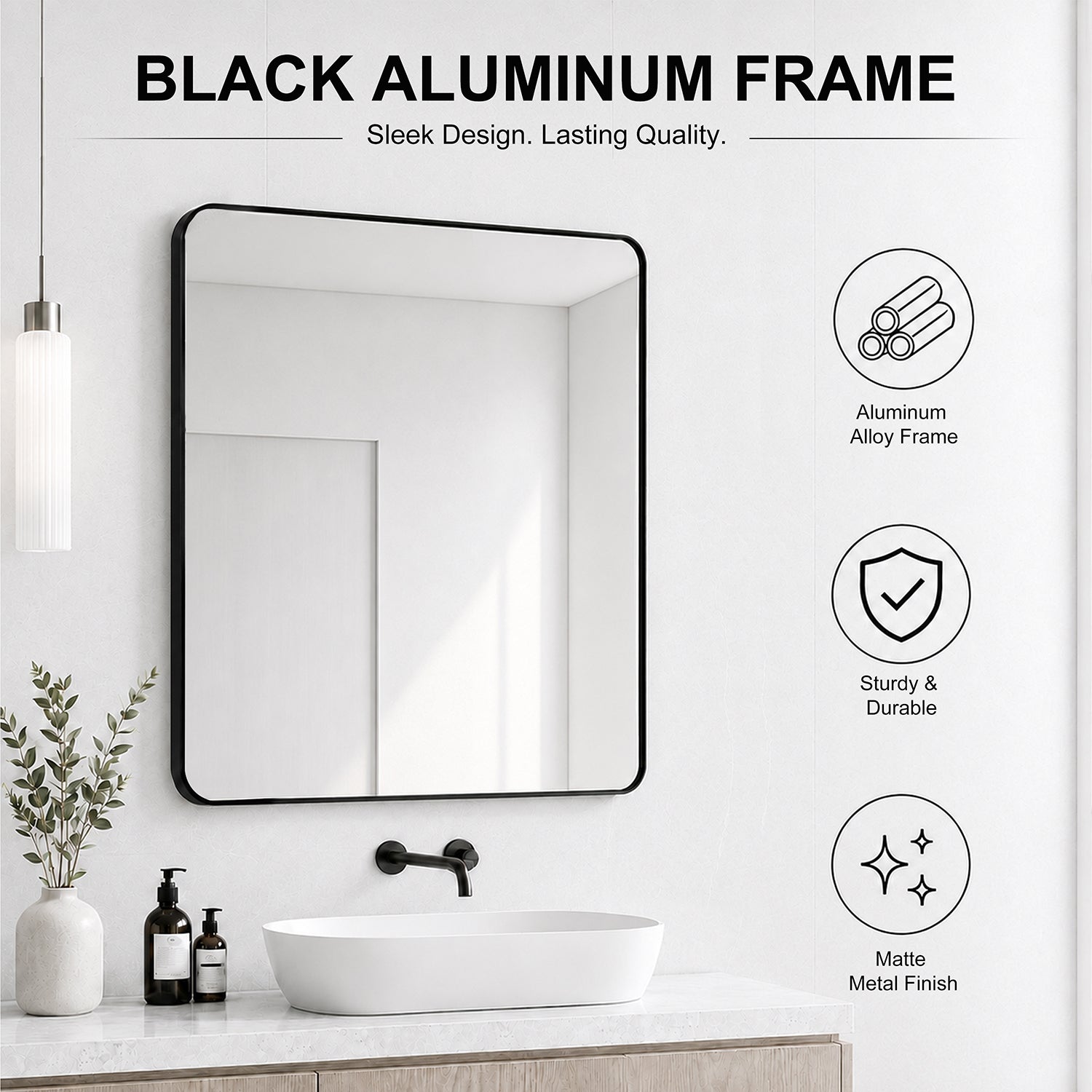 Mirror Rectangular Aluminum Alloy Framed and Tempered Glass Wall Bathroom Vanity Mirror