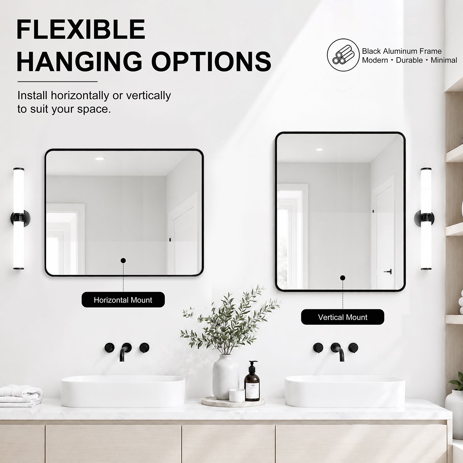 Mirror Rectangular Aluminum Alloy Framed and Tempered Glass Wall Bathroom Vanity Mirror