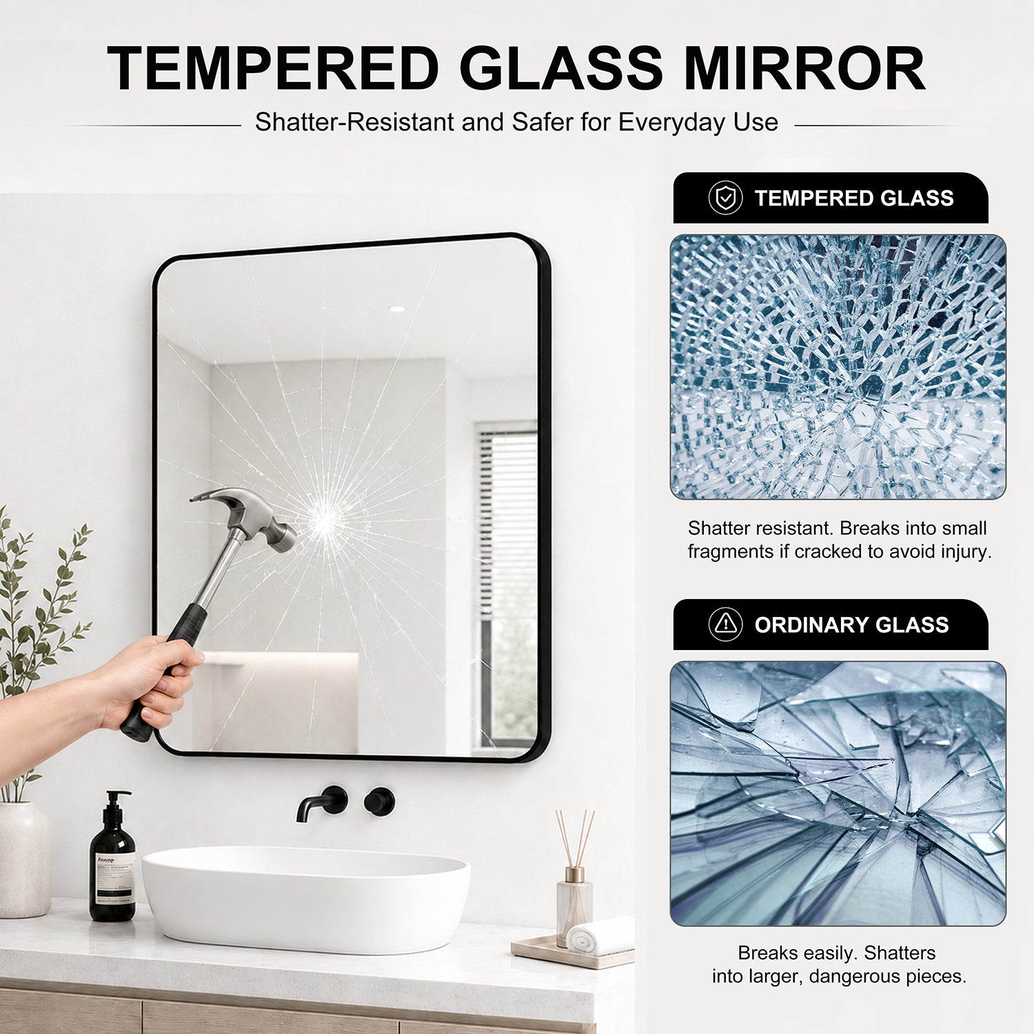 Mirror Rectangular Aluminum Alloy Framed and Tempered Glass Wall Bathroom Vanity Mirror