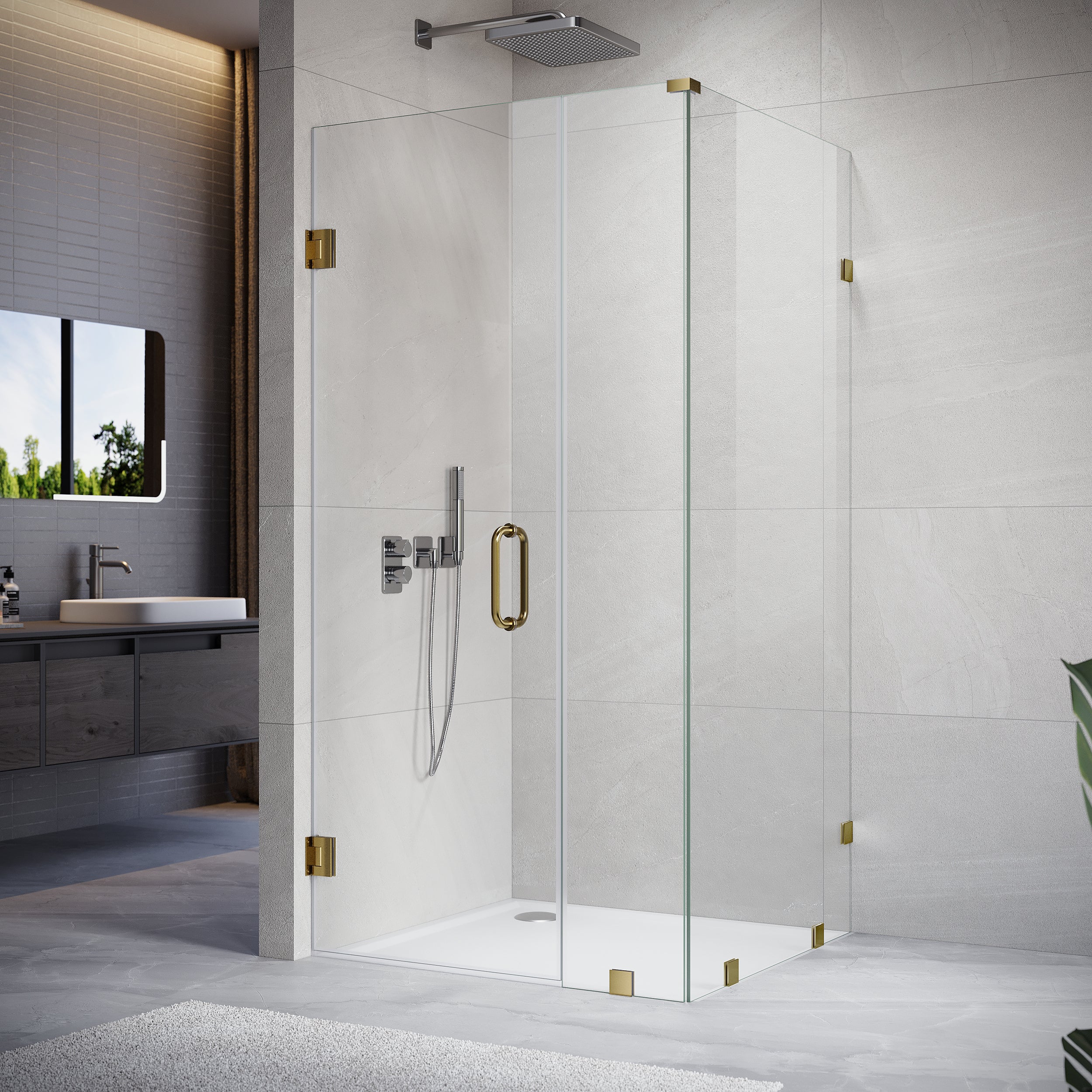 UKH07 46-1/8 to 47 in. W X 32 to 38 in. D X 80 in. H Frameless Hinged Shower Door with EnduroShield 3/8 in. Clear Glass with 26 in. Door Panel