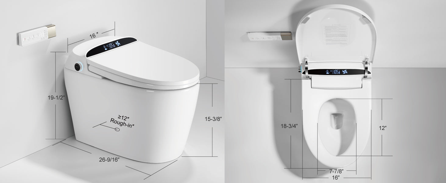 Unikoo Smart Toilet - Auto Open/Close, One Piece Elongated Design, LED Display ADA Compliant Comfort Height Toilet, Foot Sensor Flush, Auto Flush System, Heated Seat, Night Light for Modern Bathroom