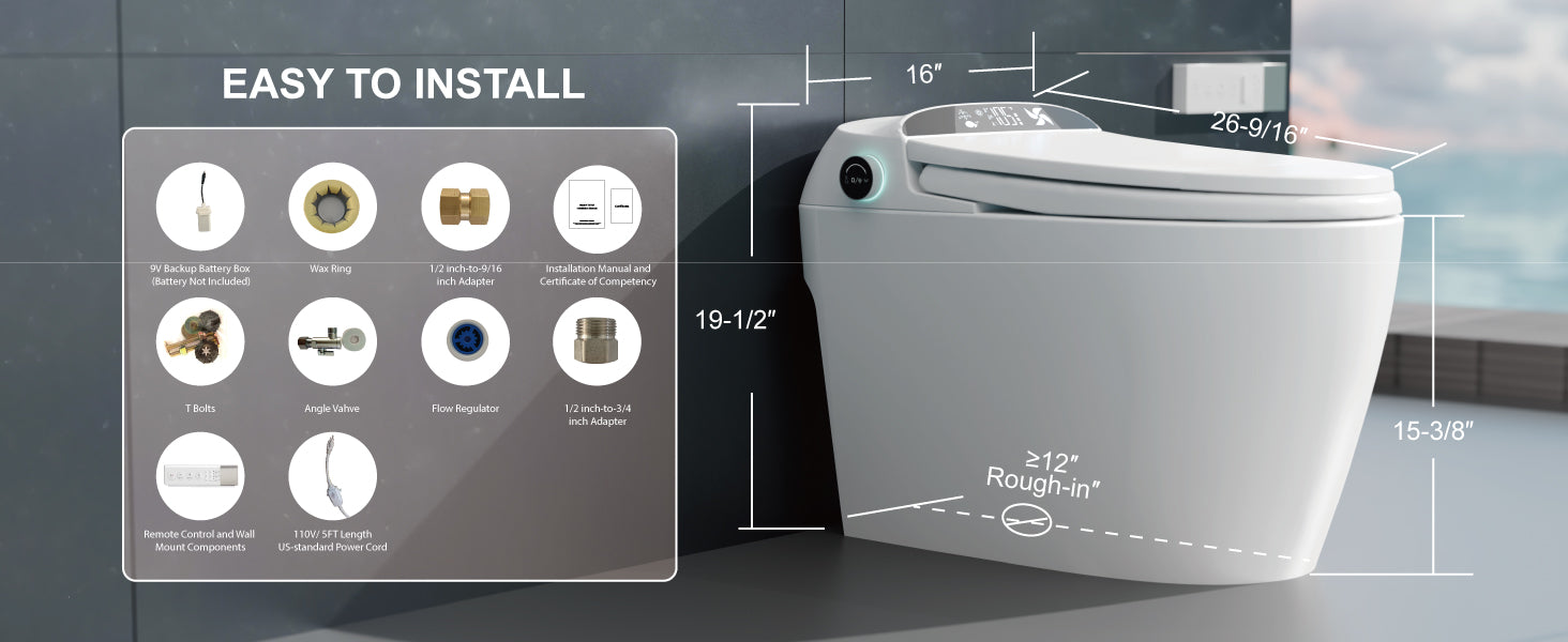 Unikoo Smart Toilet - Auto Open/Close, One Piece Elongated Design, LED Display ADA Compliant Comfort Height Toilet, Foot Sensor Flush, Auto Flush System, Heated Seat, Night Light for Modern Bathroom