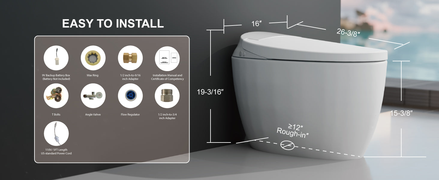 Unikoo Smart Toilet, One Piece Elongated Toilet with Foot Sensor, ADA Comfort Height, Blackout Flush, Auto Flush, Heated Seat, Nightlight for Bathroom