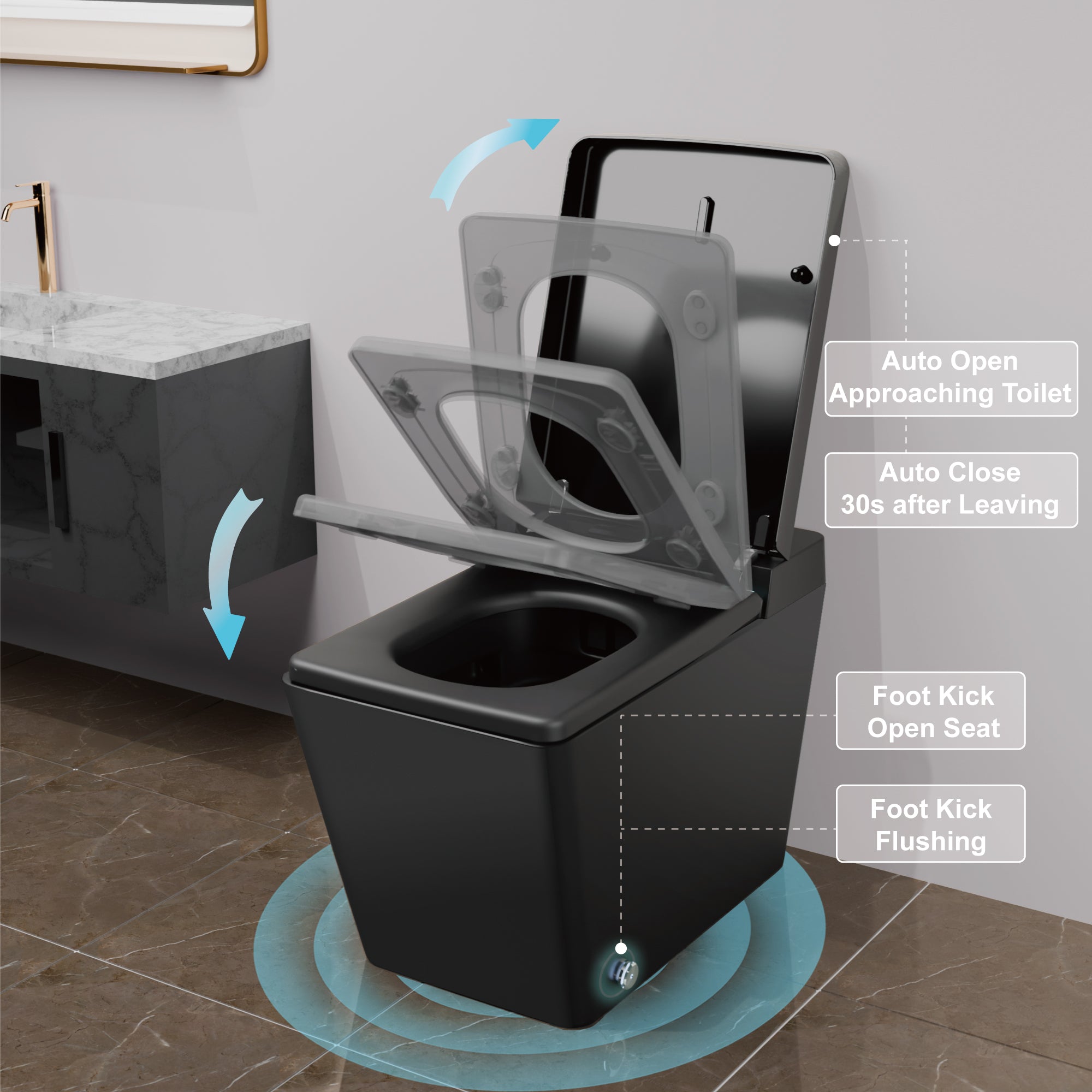 Unikoo Smart Toilet - Auto Open/Close, One Piece Elongated Design, LED Display ADA Compliant Comfort Height Toilet, Foot Sensor Flush, Auto Flush System, Heated Seat, Night Light for Modern Bathroom