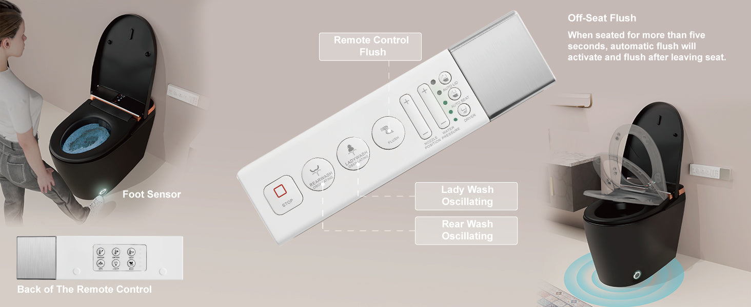Unikoo Smart Toilet - Auto Open/Close, One Piece Elongated Design, LED Display ADA Compliant Comfort Height Toilet, Foot Sensor Flush, Auto Flush System, Heated Seat, Night Light for Modern Bathroom