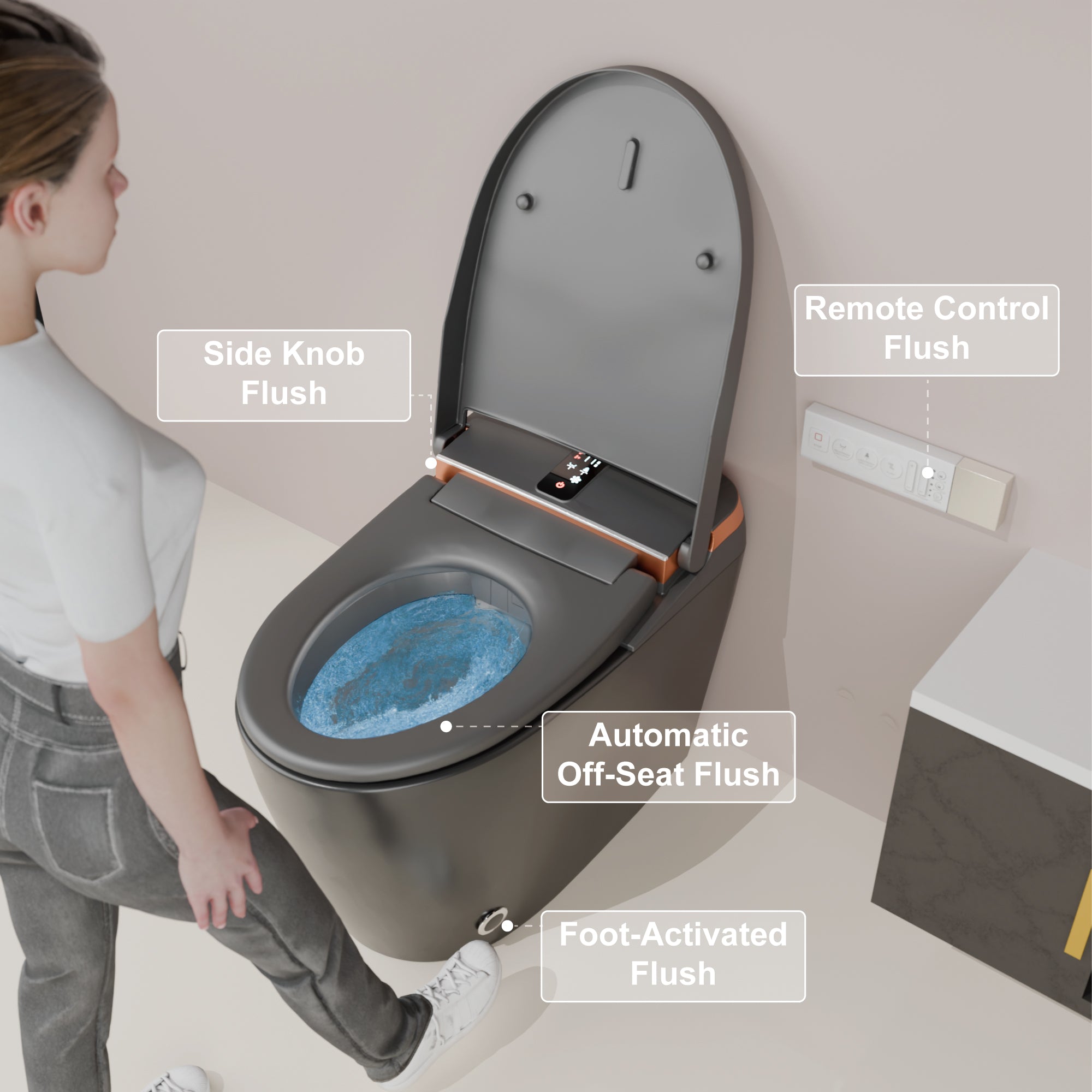 Unikoo Smart Toilet - Auto Open/Close, One Piece Elongated Design, LED Display ADA Compliant Comfort Height Toilet, Foot Sensor Flush, Auto Flush System, Heated Seat, Night Light for Modern Bathroom