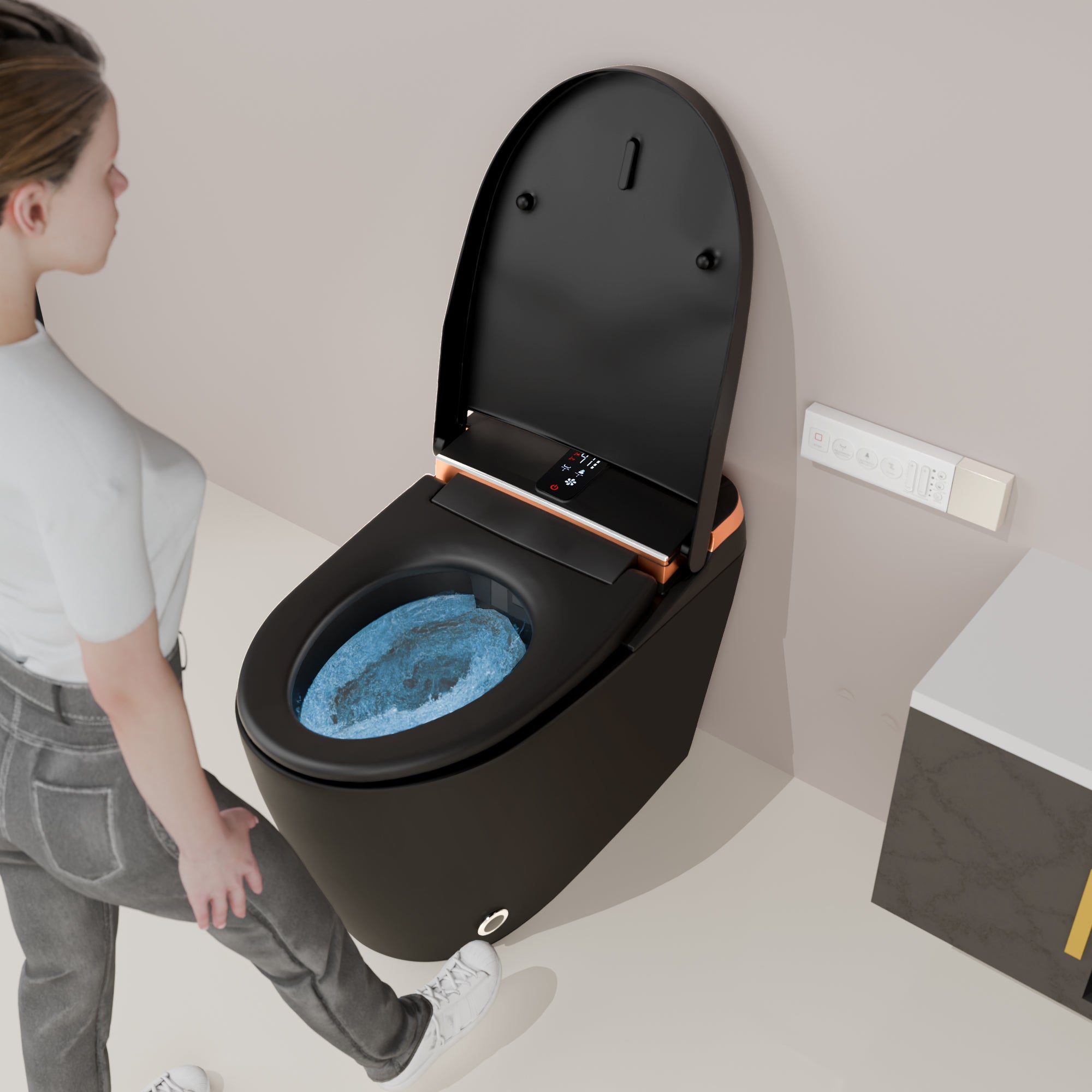 Unikoo Smart Toilet - Auto Open/Close, One Piece Elongated Design, LED Display ADA Compliant Comfort Height Toilet, Foot Sensor Flush, Auto Flush System, Heated Seat, Night Light for Modern Bathroom